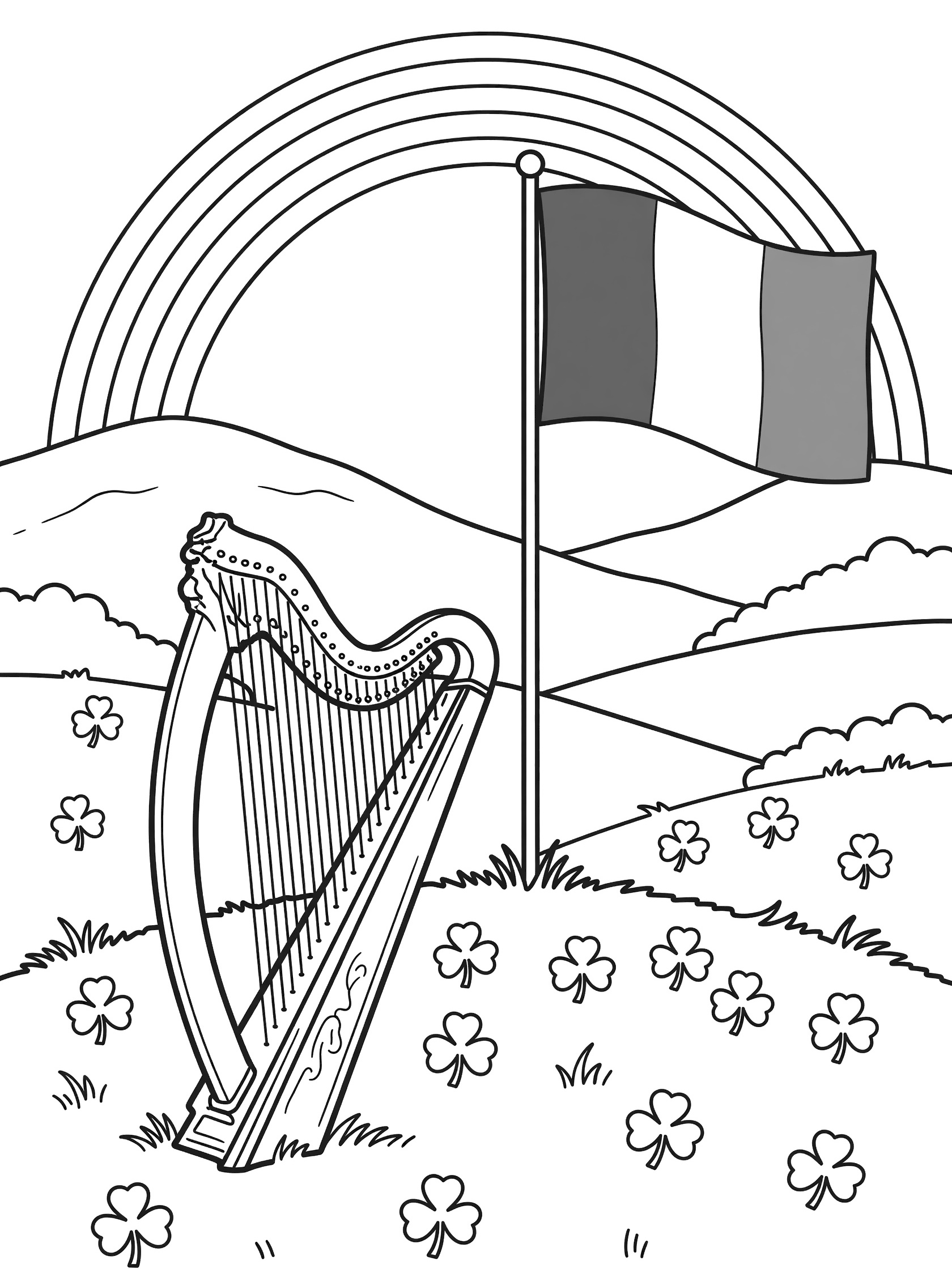 Printable coloring page showing the Irish flag on a pole, Irish harp in front, shamrocks on grass, hills, and rainbow arch behind