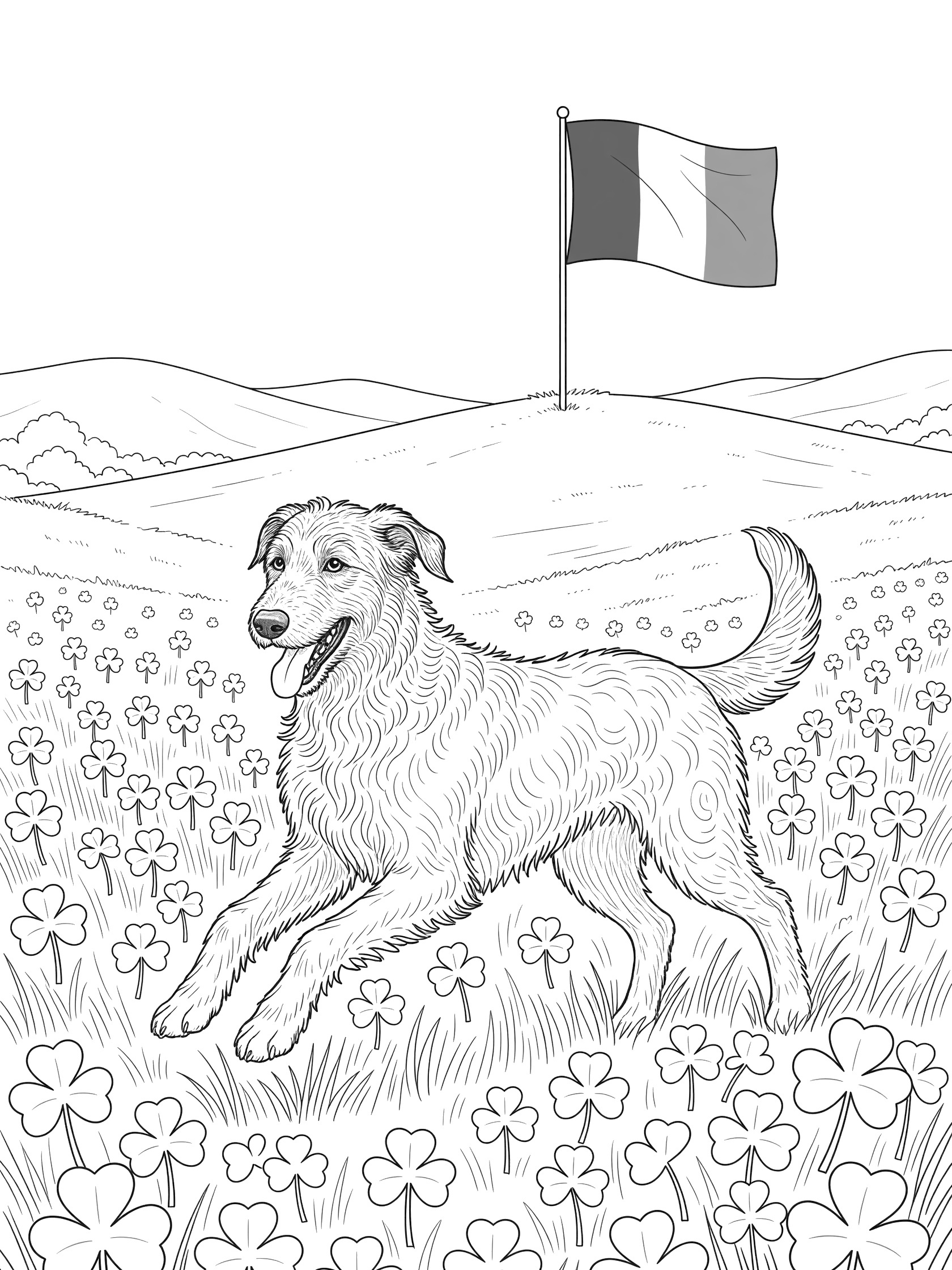 Line art coloring page showing a joyful Irish Wolfhound bounding across a shamrock meadow to the Irish flag waving on a hill with rolling hills behind.