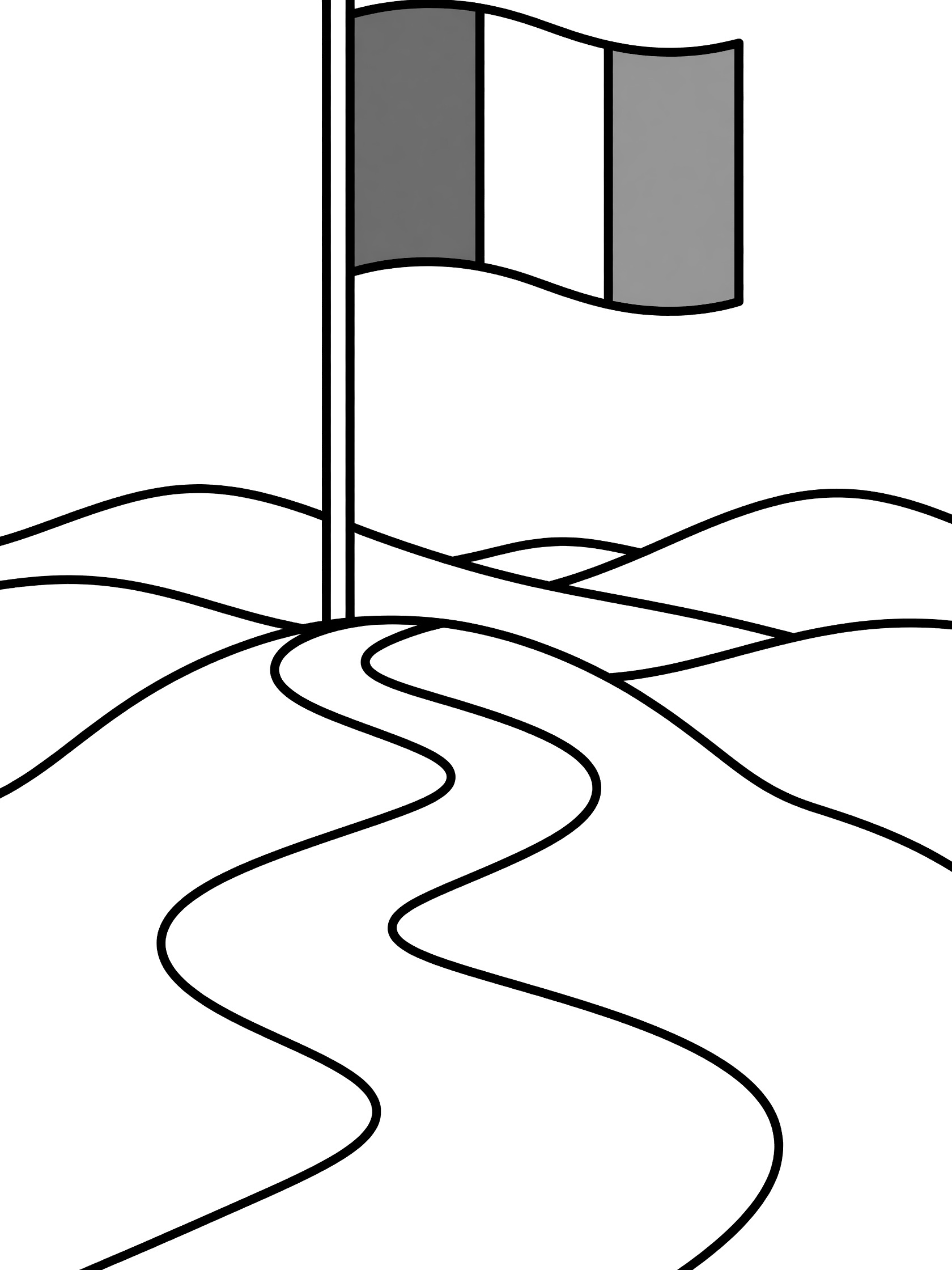 Black and white line art coloring page of the Irish flag waving from a flagpole on a rounded hilltop with a path and background hills