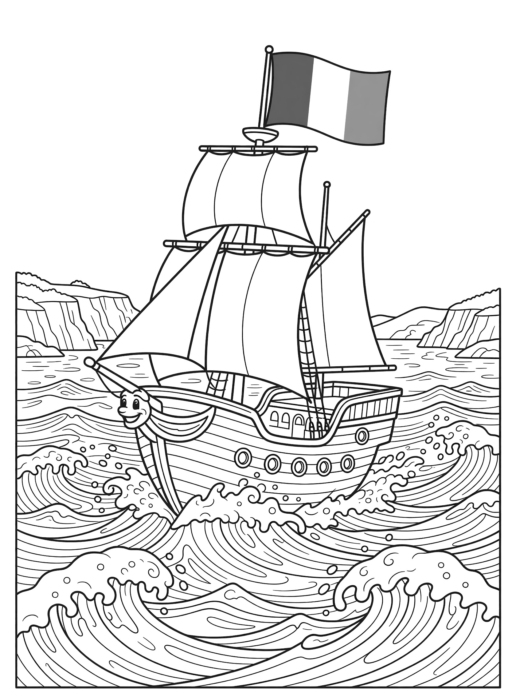 Black and white line art of a sailing ship with puffy sails and Irish tricolour flag on the mast, sailing on waves with sea foam and distant cliffs.
