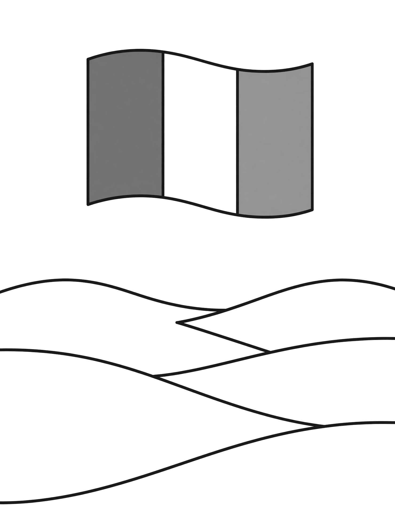 Black and white line art of the Irish flag with green, white, and orange stripes waving in the sky above layered rolling hills for easy coloring.
