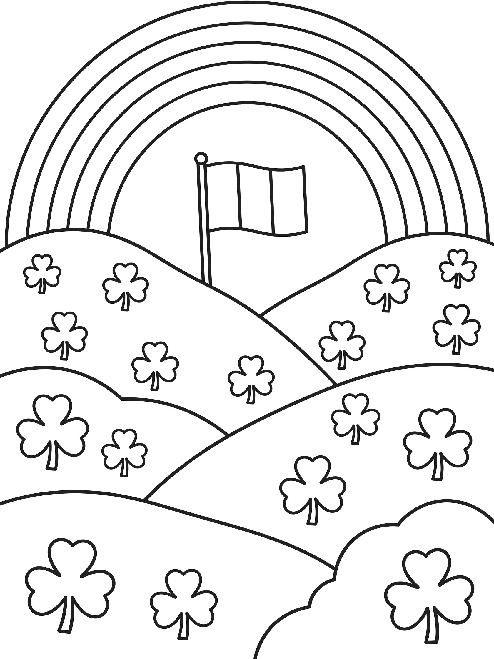 Printable coloring page showing the Irish flag on a pole under a cheerful rainbow, with rolling hills and shamrocks for easy kid coloring.