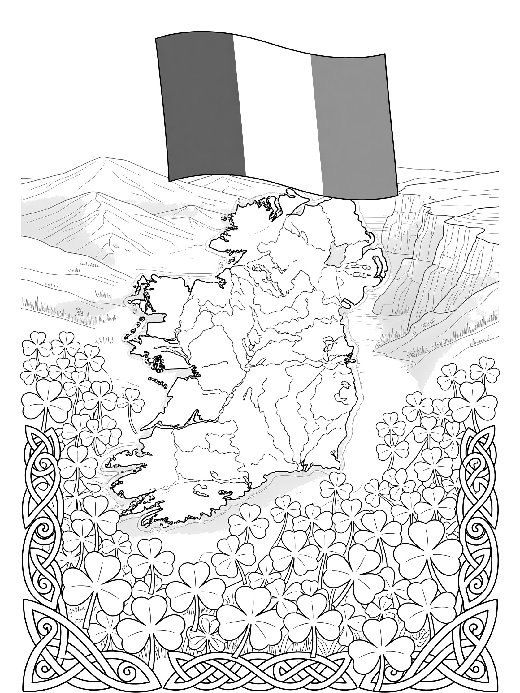 Black and white line art of the Irish Flag waving above the outline map of Ireland, with shamrocks, Celtic knots, and hills.