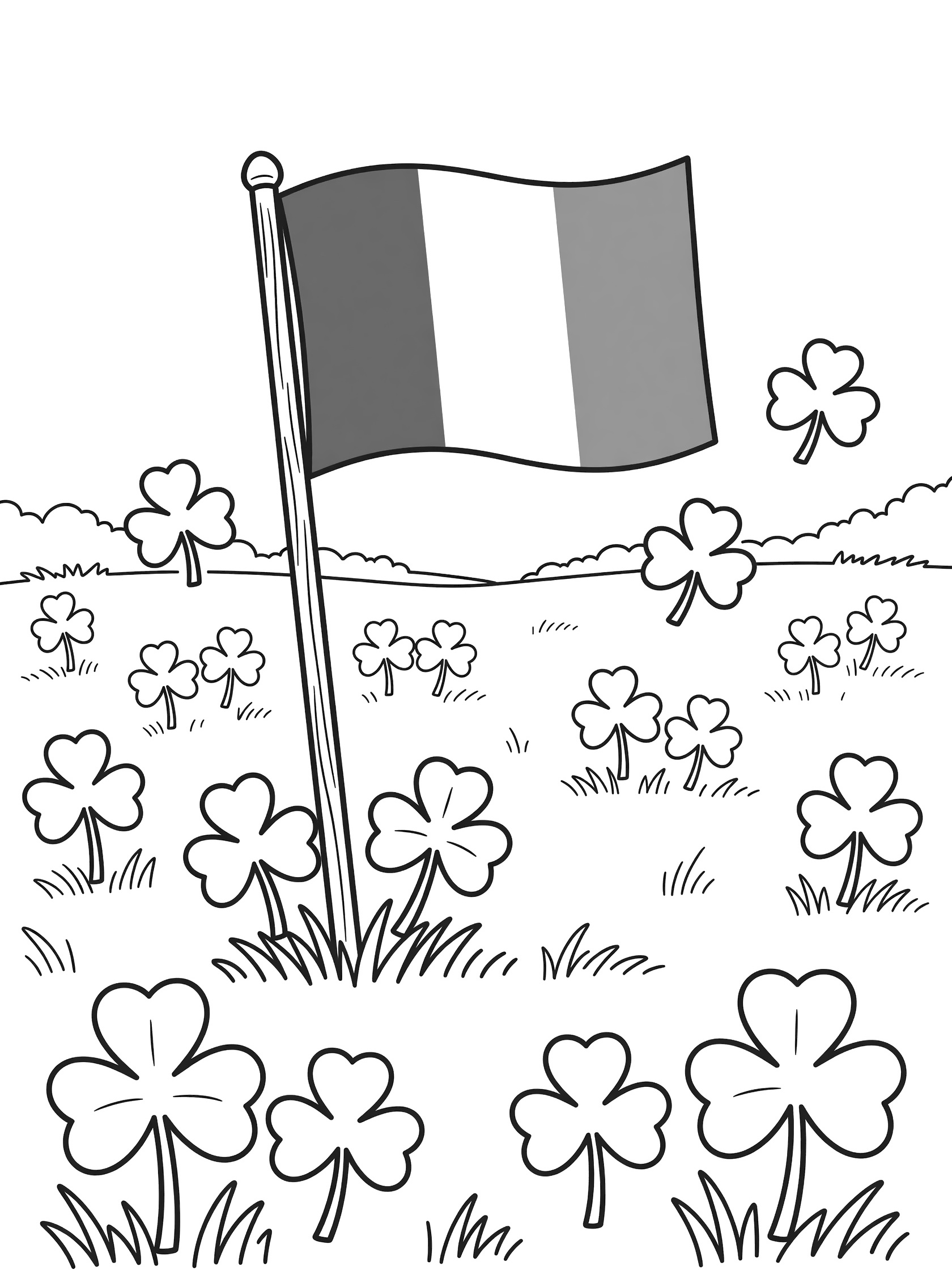 Black and white line art of the Irish flag with green white orange stripes on a wooden pole surrounded by three-leaf shamrocks in a meadow.
