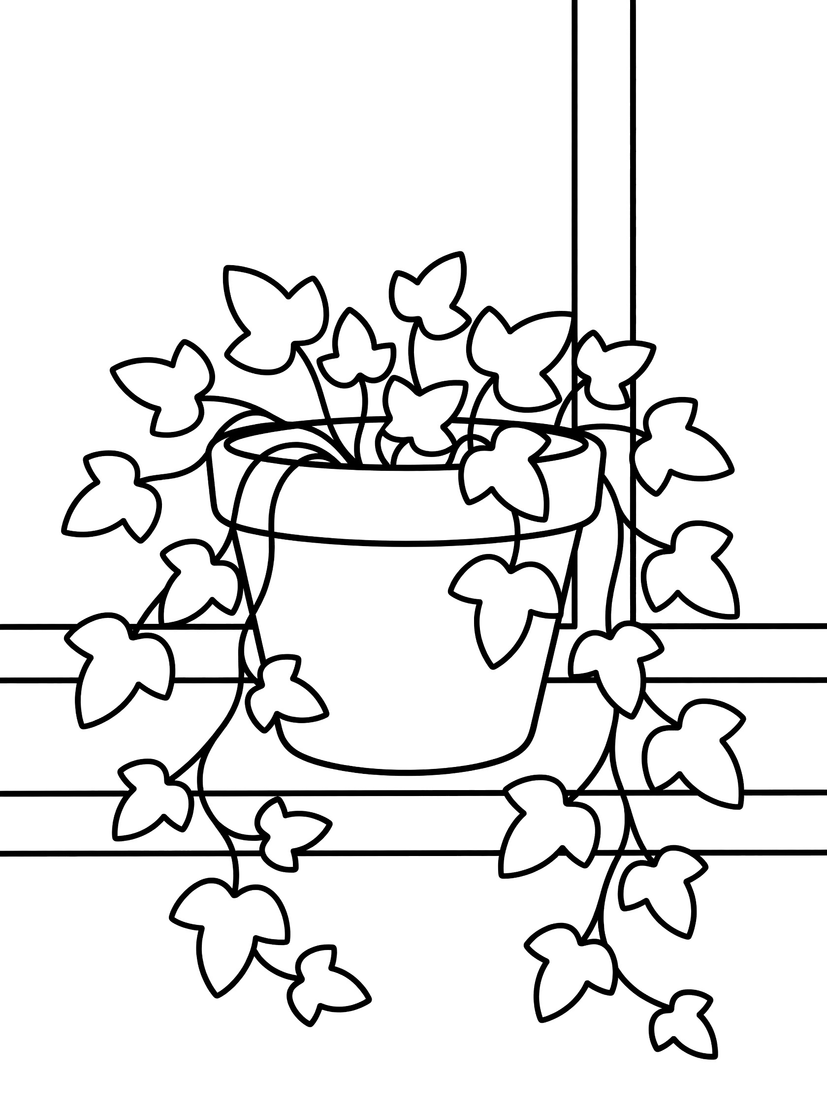 Black and white line art coloring page showing a simple ivy plant growing in a round clay pot on a windowsill with trailing vines and lobed leaves. English Ivy themed black and white printable line art