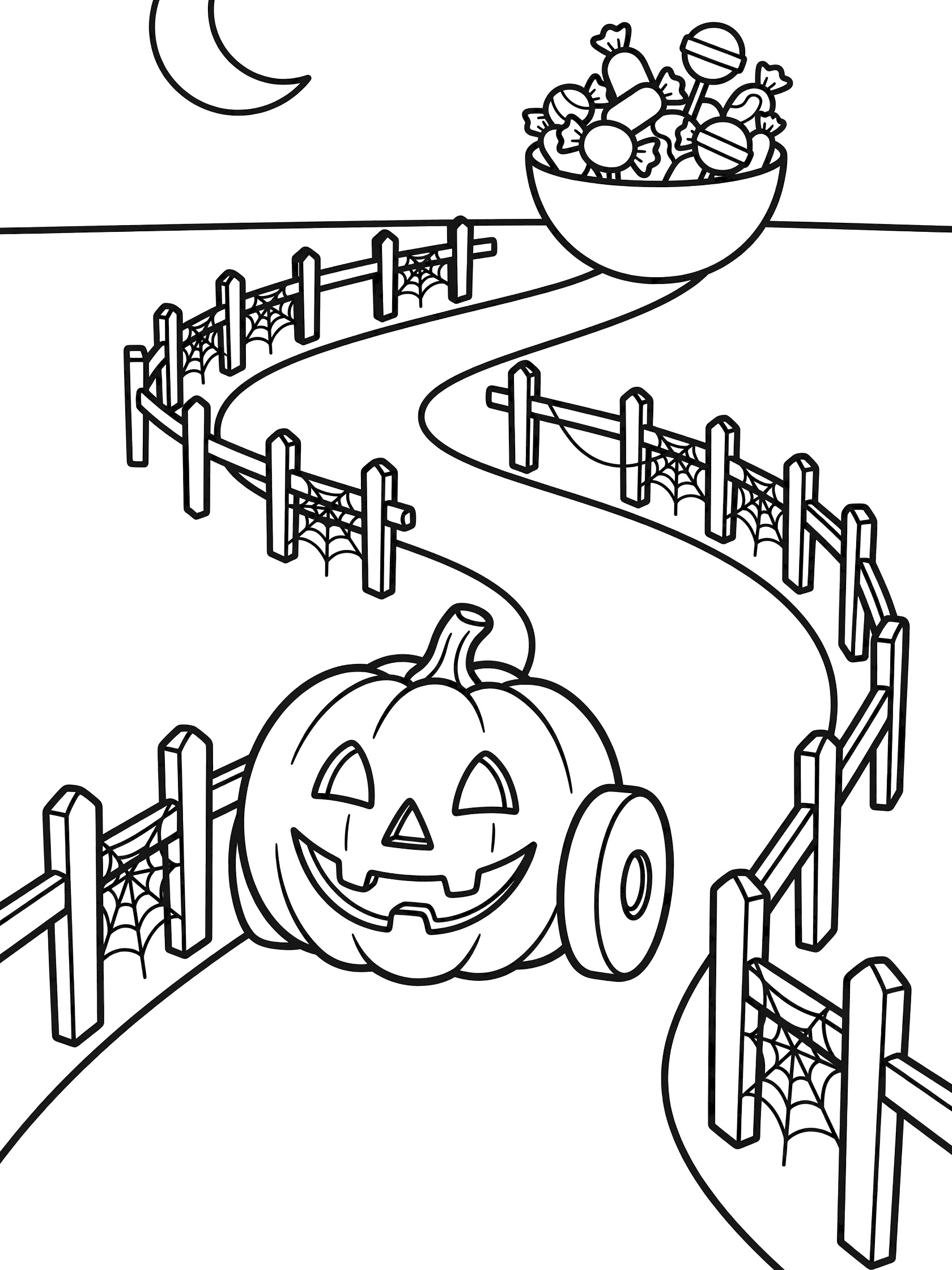Black and white line art coloring page showing a jolly jack-o-lantern with wheels rolling along a twisty garden path with fences, cobwebs, crescent moon, and candy bowl at the end.