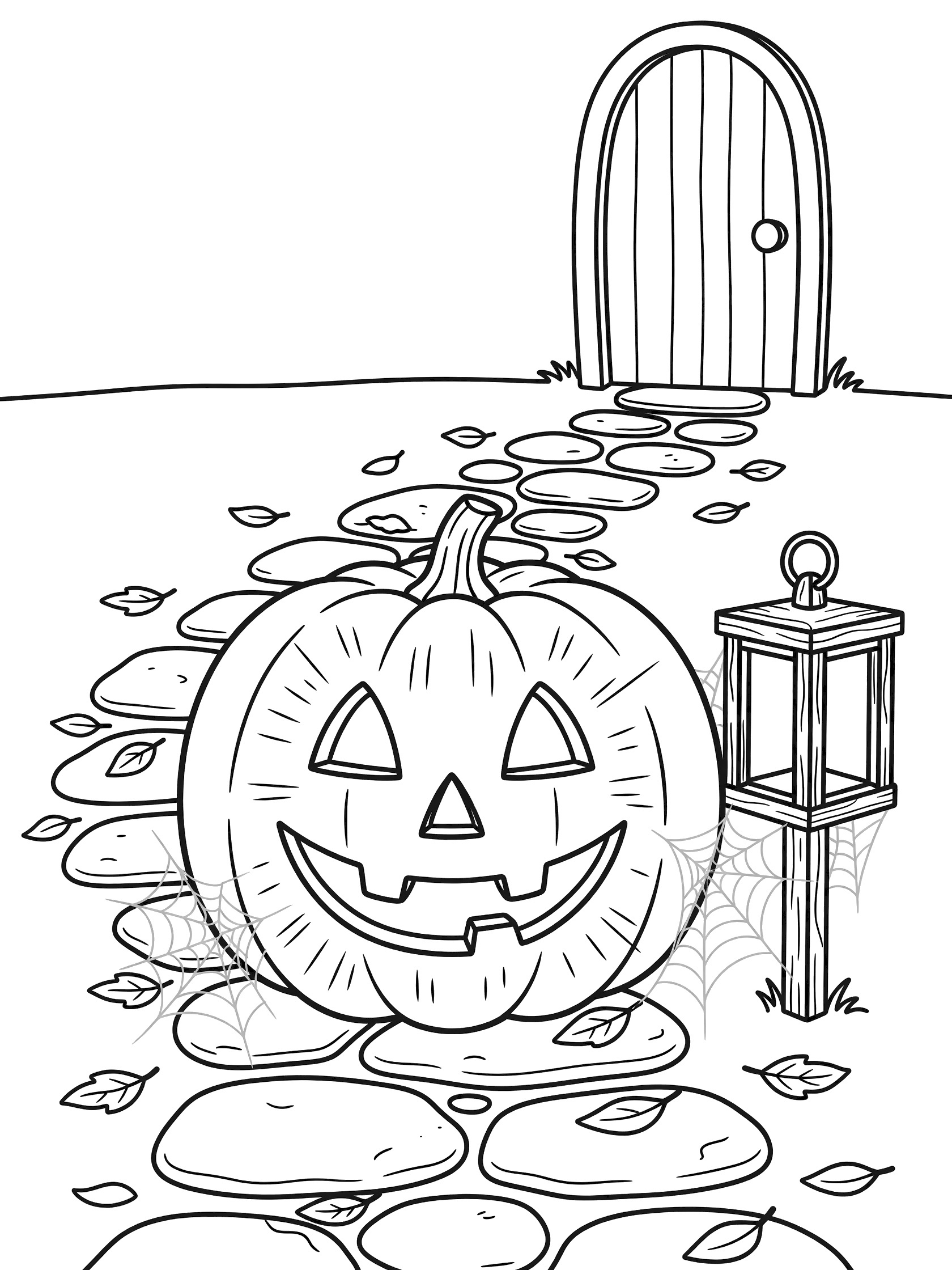 Black-and-white coloring page of a cheerful jack-o-lantern pumpkin with carved face on a stone path leading to a cottage door, with spiderwebs, fallen leaves, and hanging lantern.