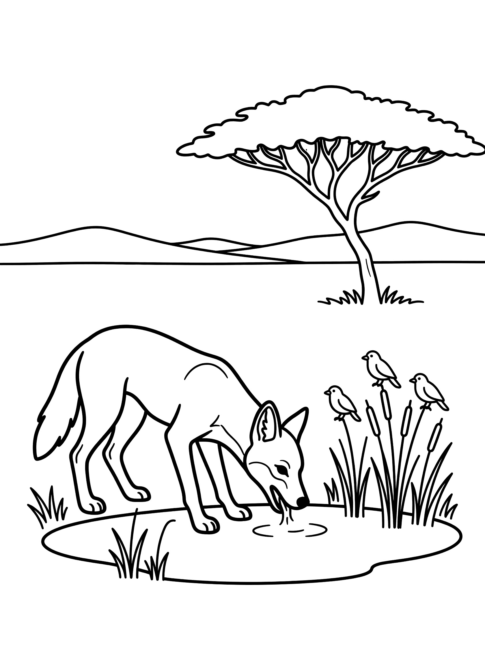 Black and white line art coloring page showing a jackal drinking from a small pond surrounded by reeds and birds in the savanna with acacia tree and hills