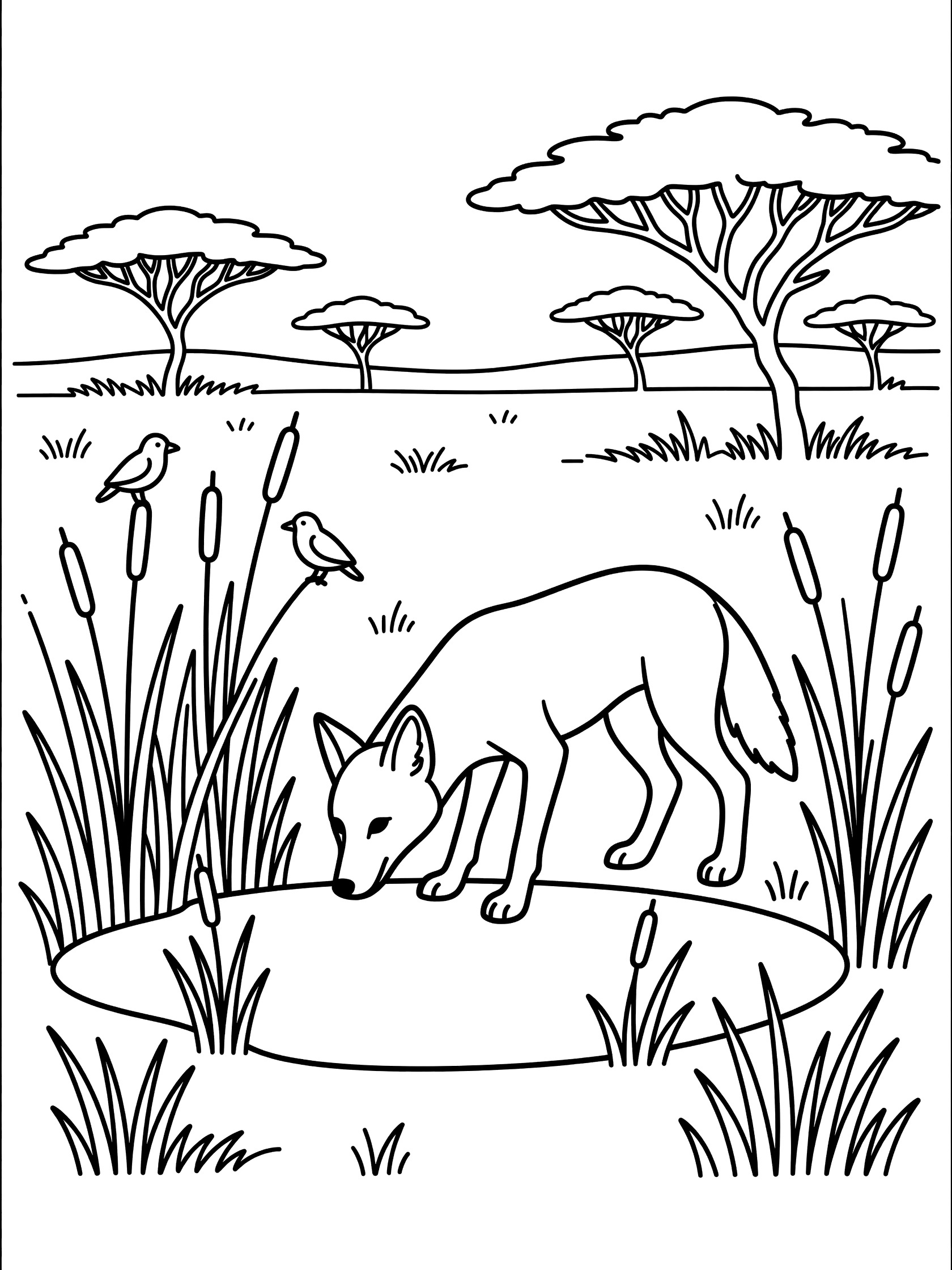 Black and white line art coloring page showing a jackal bending down to drink from a small pond surrounded by reeds and birds, with acacia trees in the savanna background.