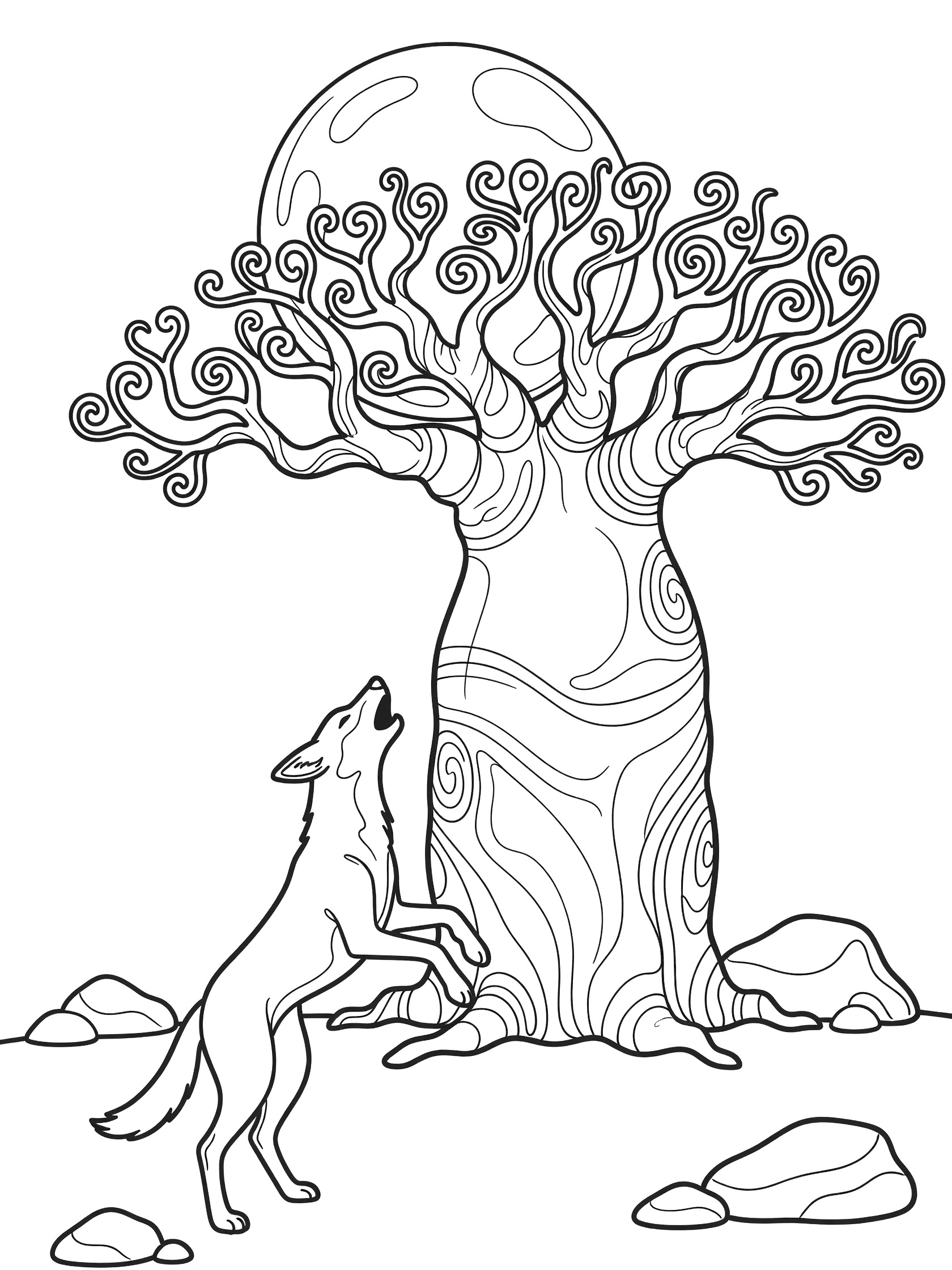 Printable coloring page showing a jackal on hind legs howling at the moon beside a large baobab tree with curly branches and scattered rocks, line art style.