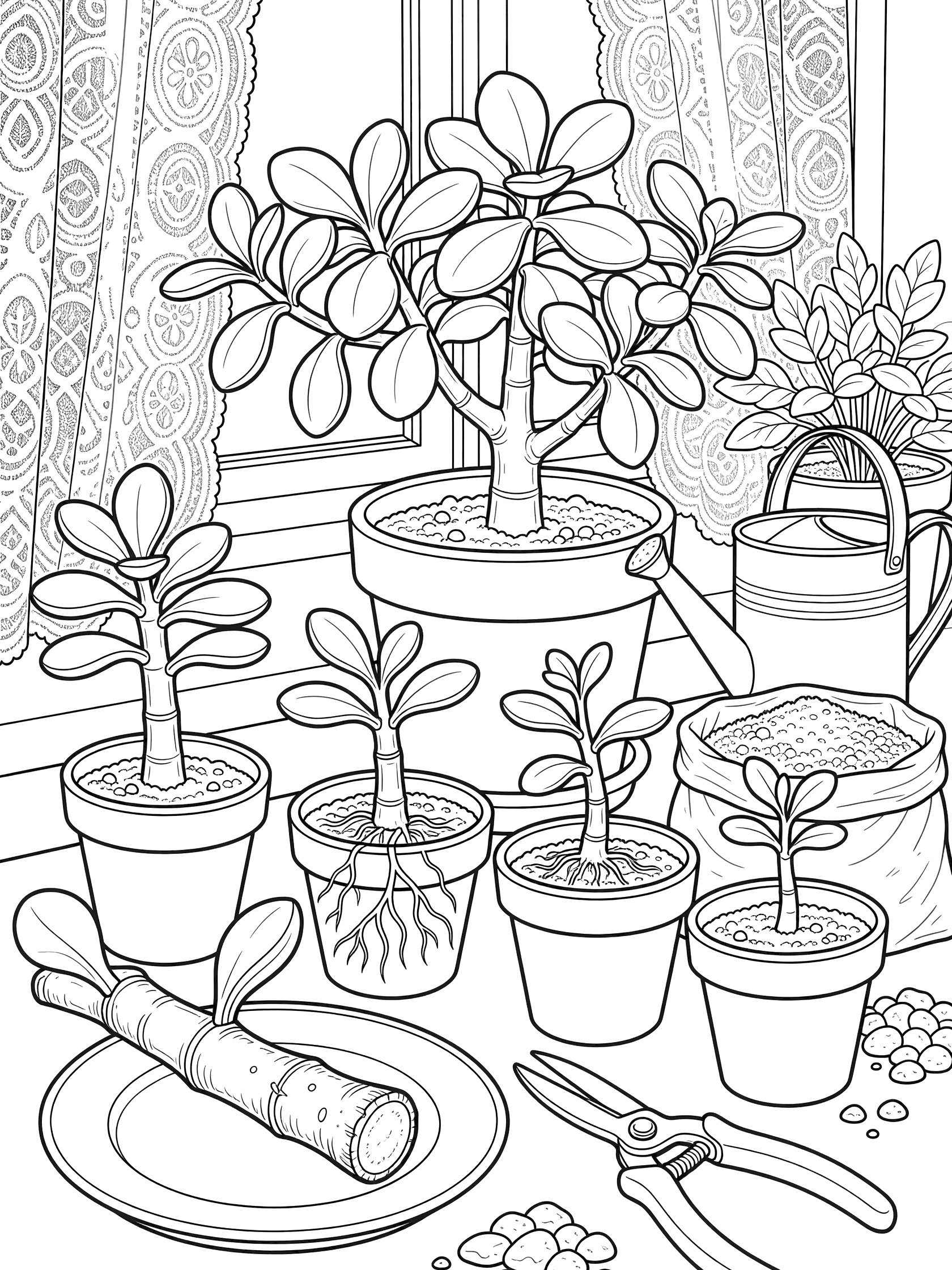 Black and white line art of jade plant propagation on a sunny windowsill, showing stem cuttings, rooted pots, mature jade plant, shears, watering can, soil, and pebbles.