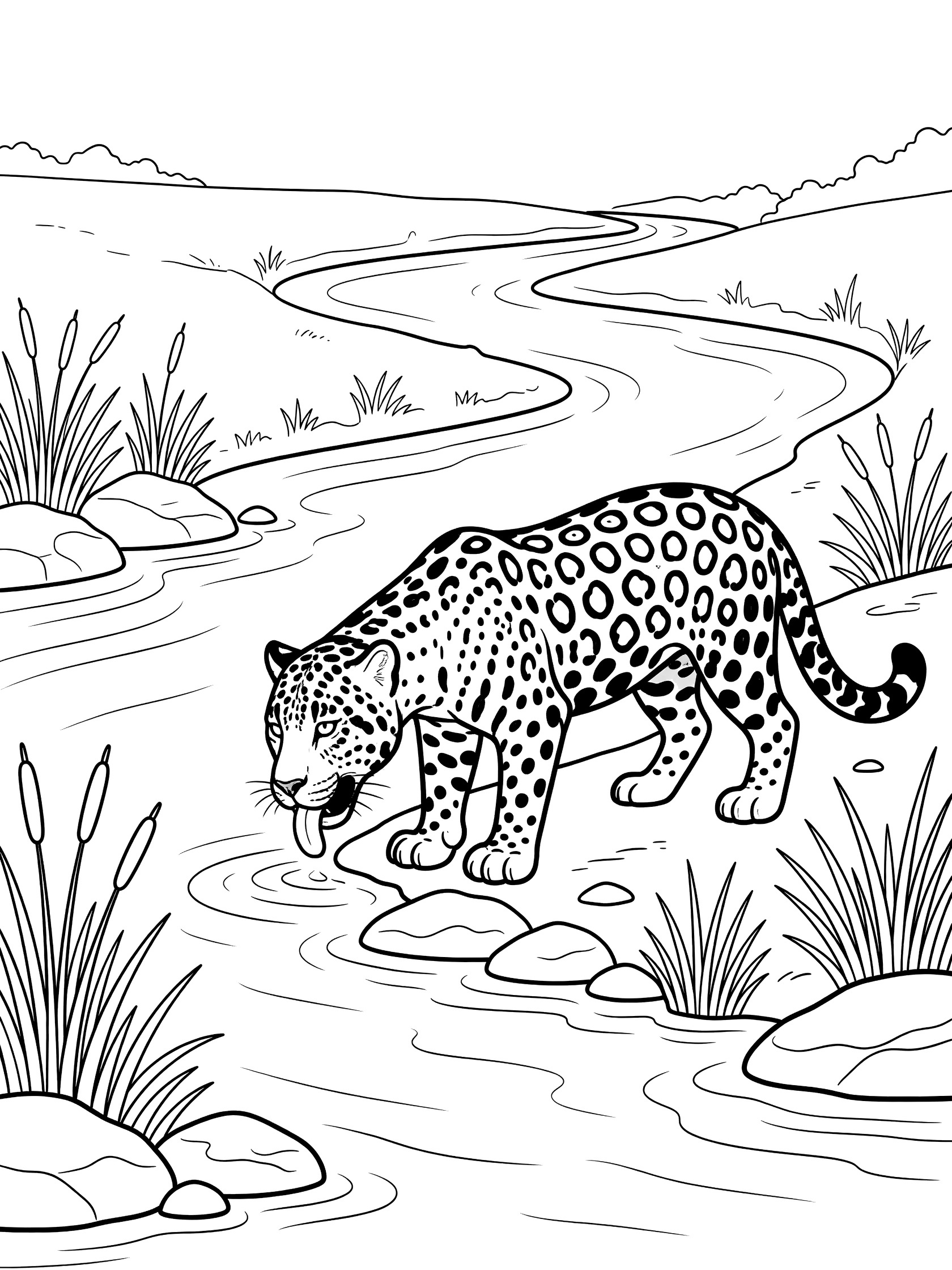 Black and white line art coloring page showing a jaguar bending down to drink from a river, surrounded by reeds, rocks, and gentle waves.