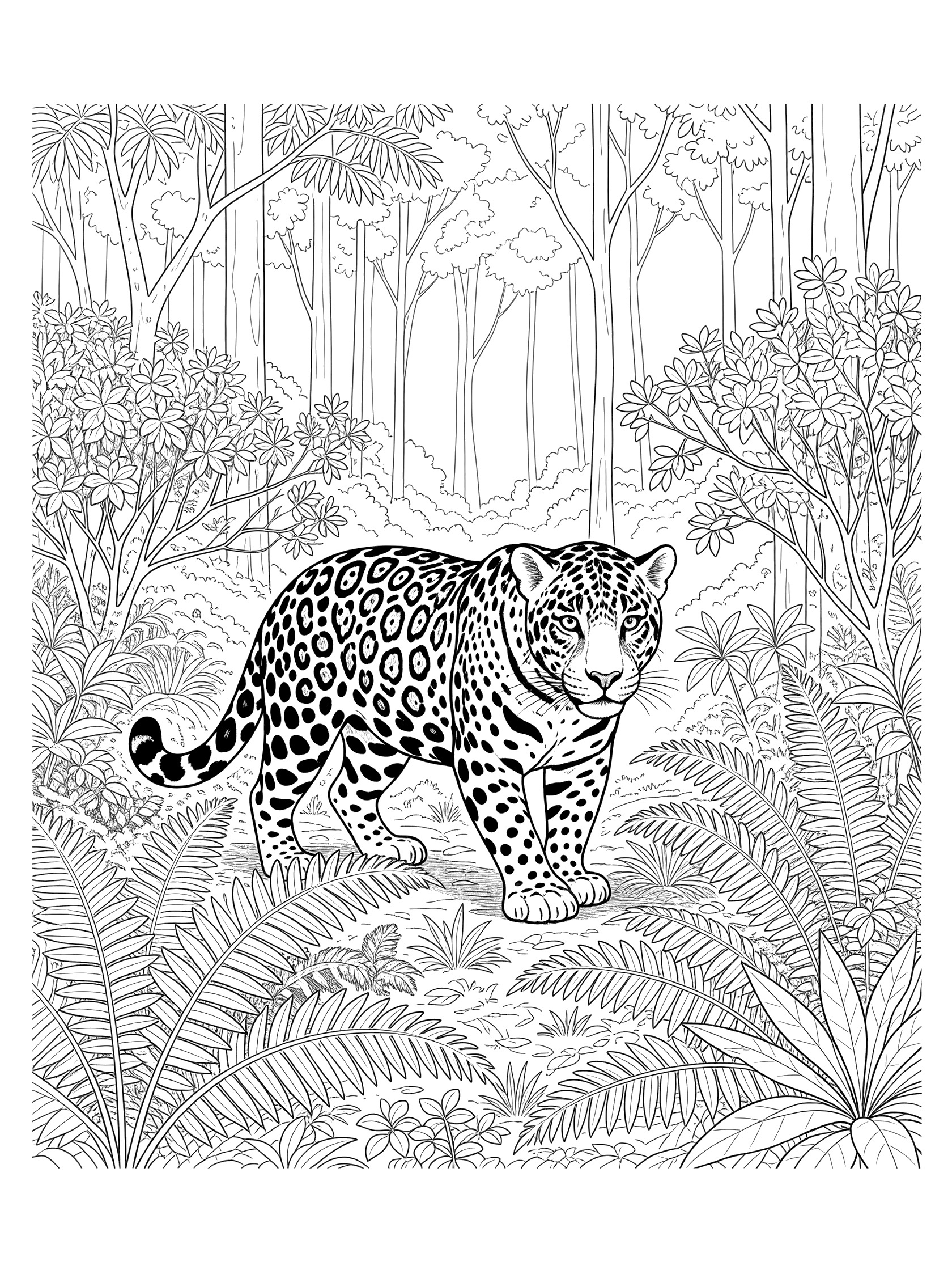 Black and white line art of a jaguar walking in a jungle with ferns, bushes, and trees, coloring book style. Amazon themed black and white printable line art