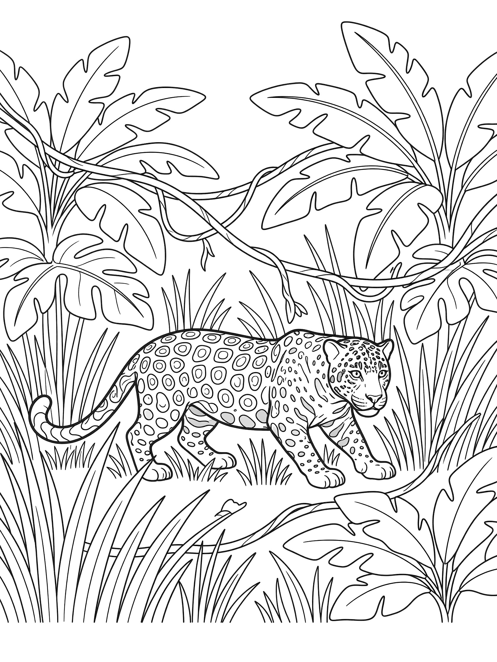 Black and white coloring page showing a jaguar prowling through tall jungle grass surrounded by large leaves and vines.