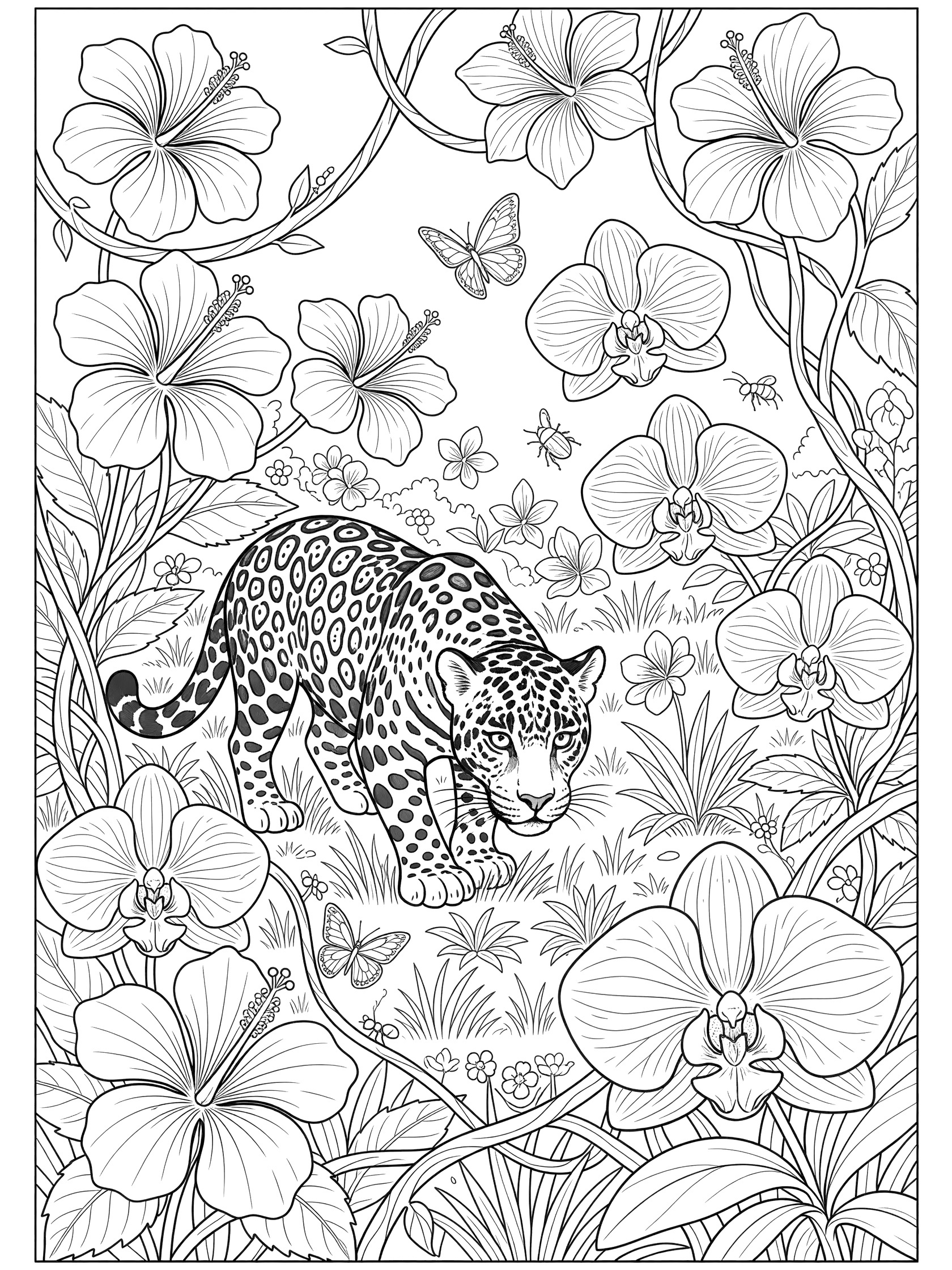 Black and white coloring page of a jaguar walking in a jungle meadow surrounded by large hibiscus flowers, orchids, twisting vines, butterflies, bees, and grass.