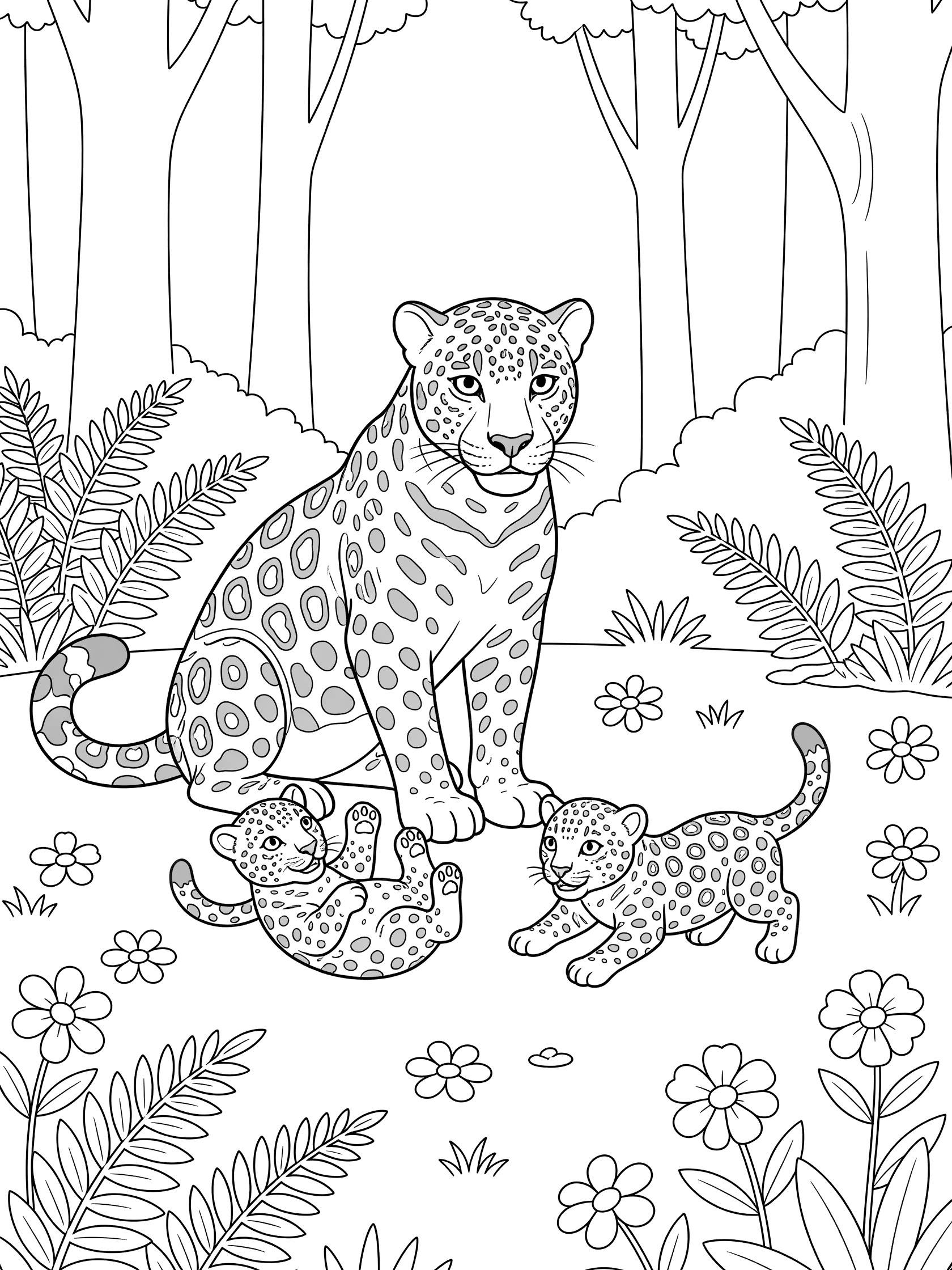 Black and white line art coloring page showing a mother jaguar sitting while two small jaguar cubs tumble and play around her in a forest with trees, ferns and flowers.
