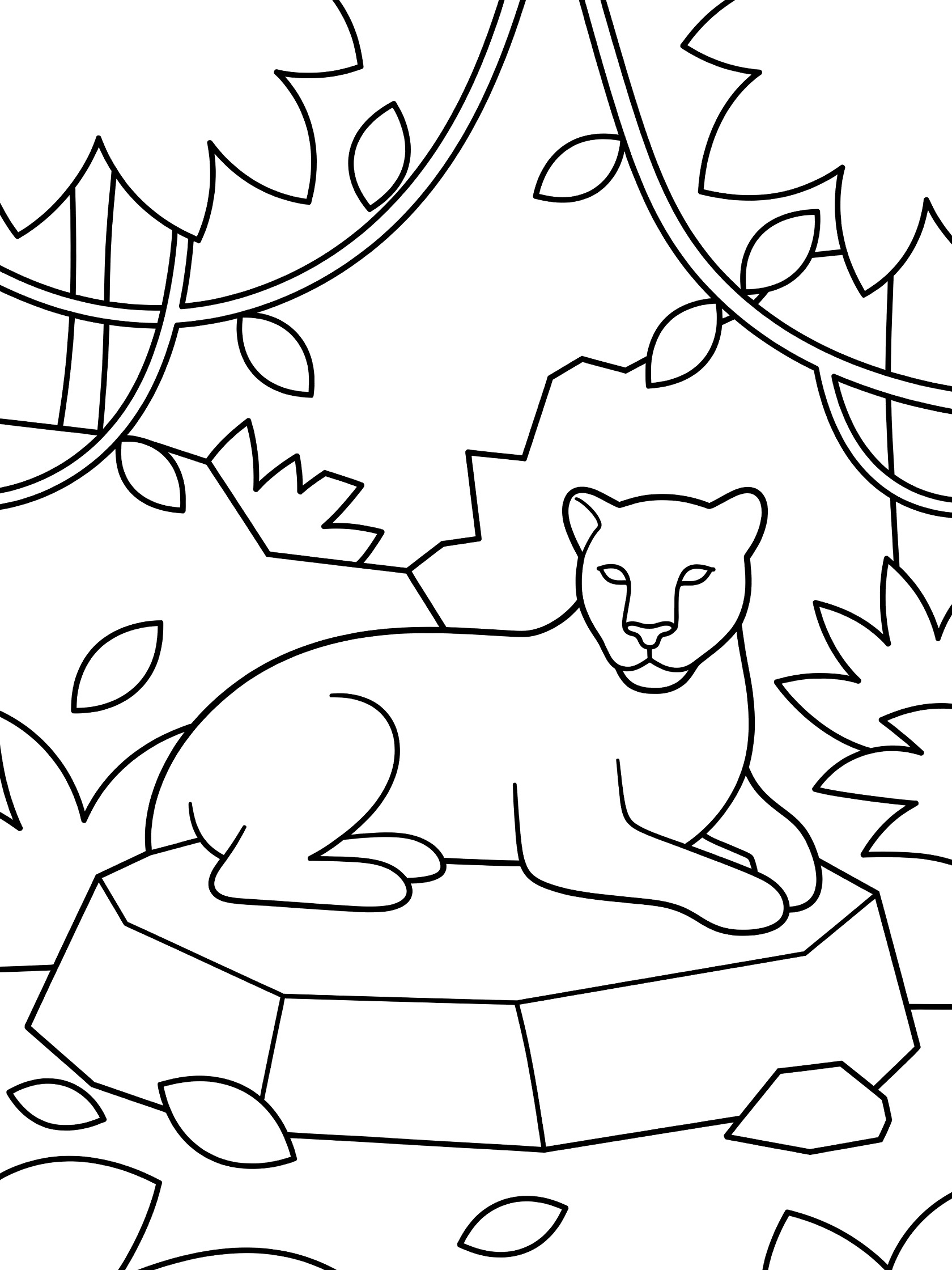 Black and white line art coloring page showing a jaguar cat lying on a large rock surrounded by jungle leaves and vines.