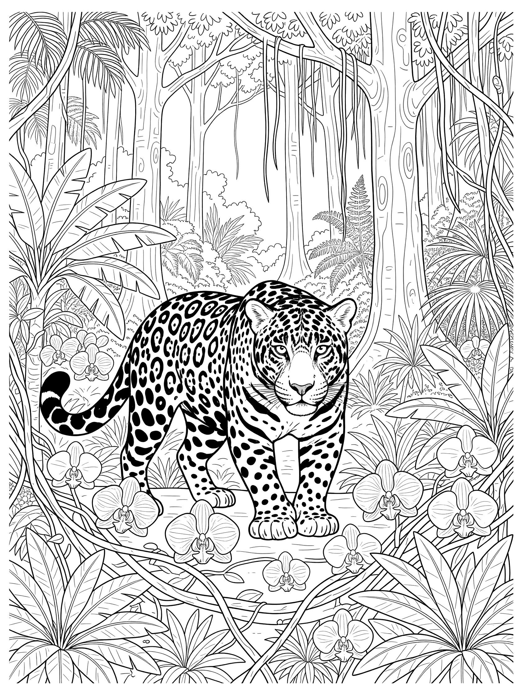 Black and white line art coloring page showing a jaguar stalking low through South America jungle with thick vines, giant leaves, kapok trees, lianas, ferns, and orchids.