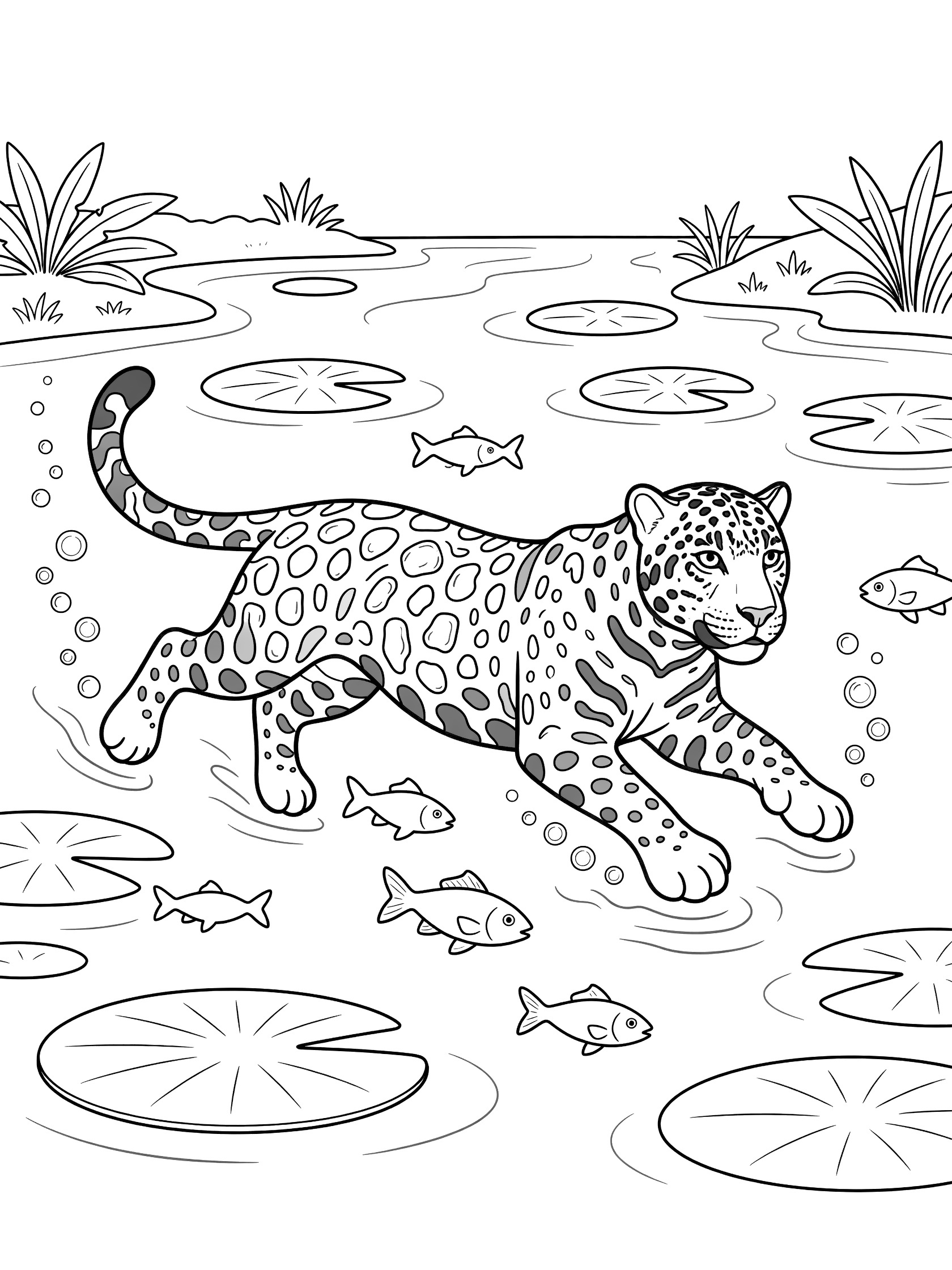 Black and white line art coloring page showing a jaguar swimming powerfully in a jungle river surrounded by fish, lily pads, and bubbles.