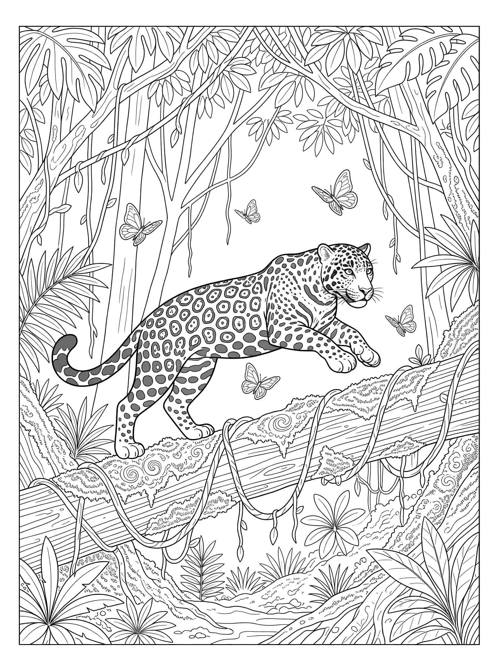 Black and white line art coloring page of a jaguar walking on a jungle log surrounded by vines, leaves, butterflies, and dense jungle foliage.