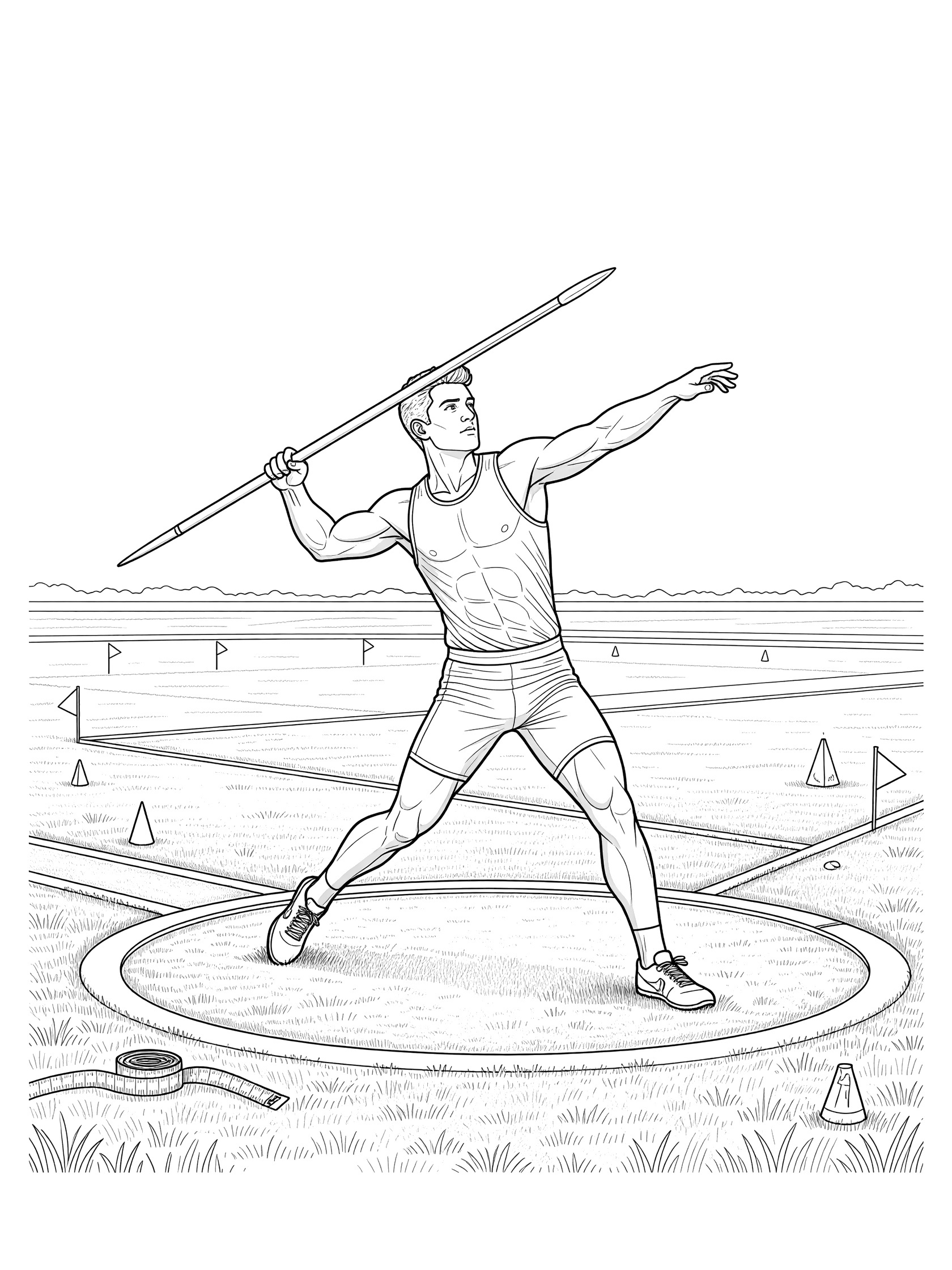 Line art coloring page showing track athlete powerfully throwing javelin high over competition field with markers, tape, and grassy sector.