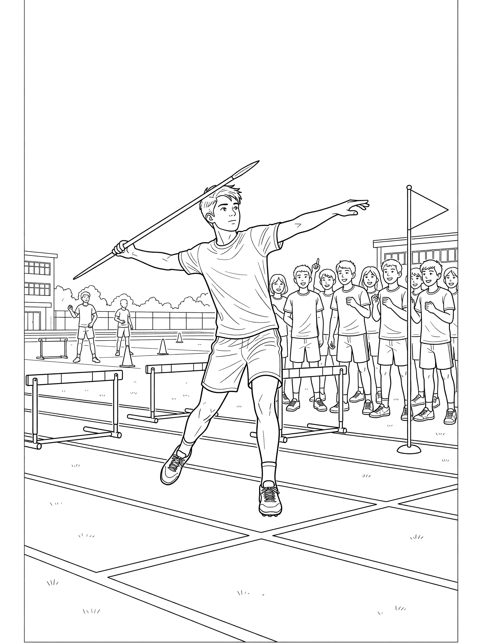 Line art coloring page showing athlete in javelin throw pose on school track, front foot planted, arm whipping javelin forward, surrounded by hurdles, cones, sector flag, and cheering students.
