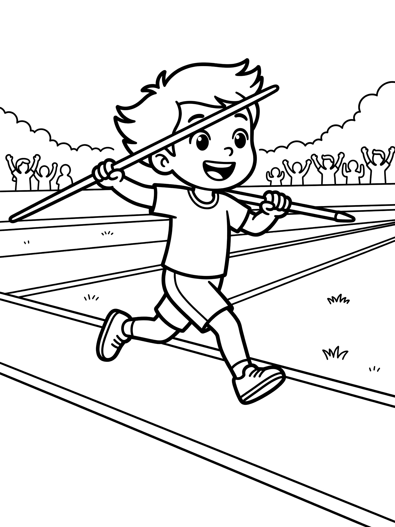 Black and white line art coloring page showing a smiling young athlete running on an athletic track runway, gripping a javelin at his side, with track lanes, grass, and distant cheering crowd.
