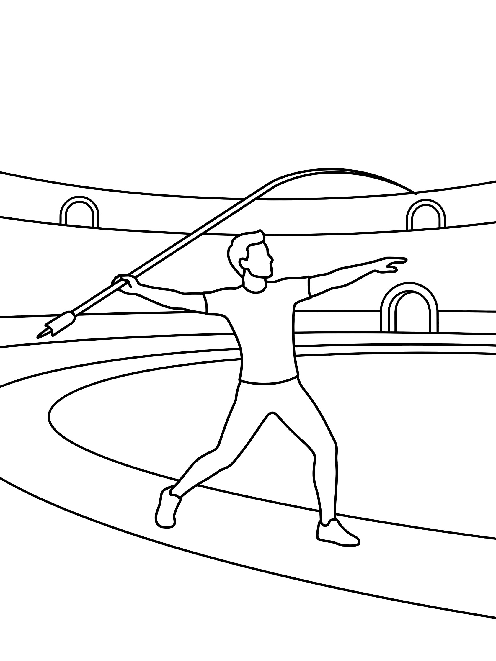 Black-and-white coloring page showing javelin throw athlete in follow-through with arms out, javelin arcing nearby, in an open stadium with curved track and entry gates.