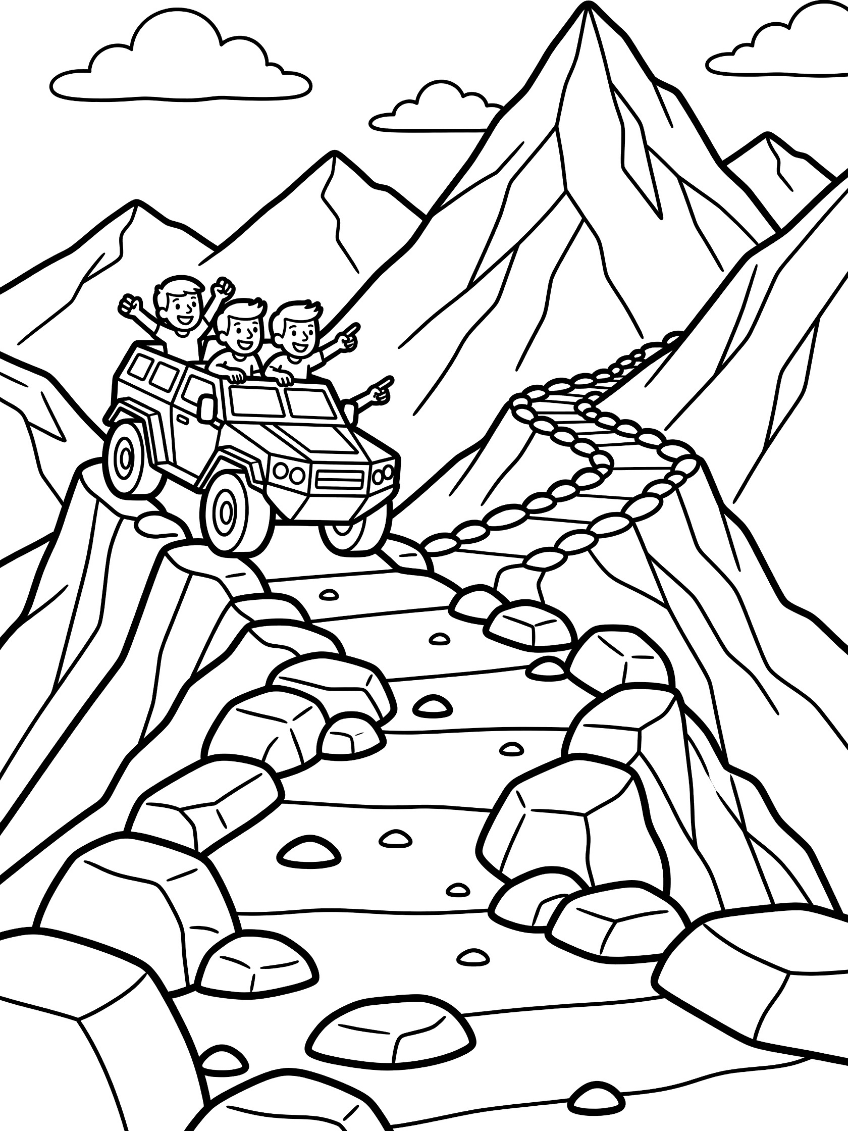 Black and white line art coloring page showing a jeep on a steep winding mountain path with rocks, cliffs, peaks, clouds, and happy people inside the vehicle. Personnel Carrier themed black and white printable line art