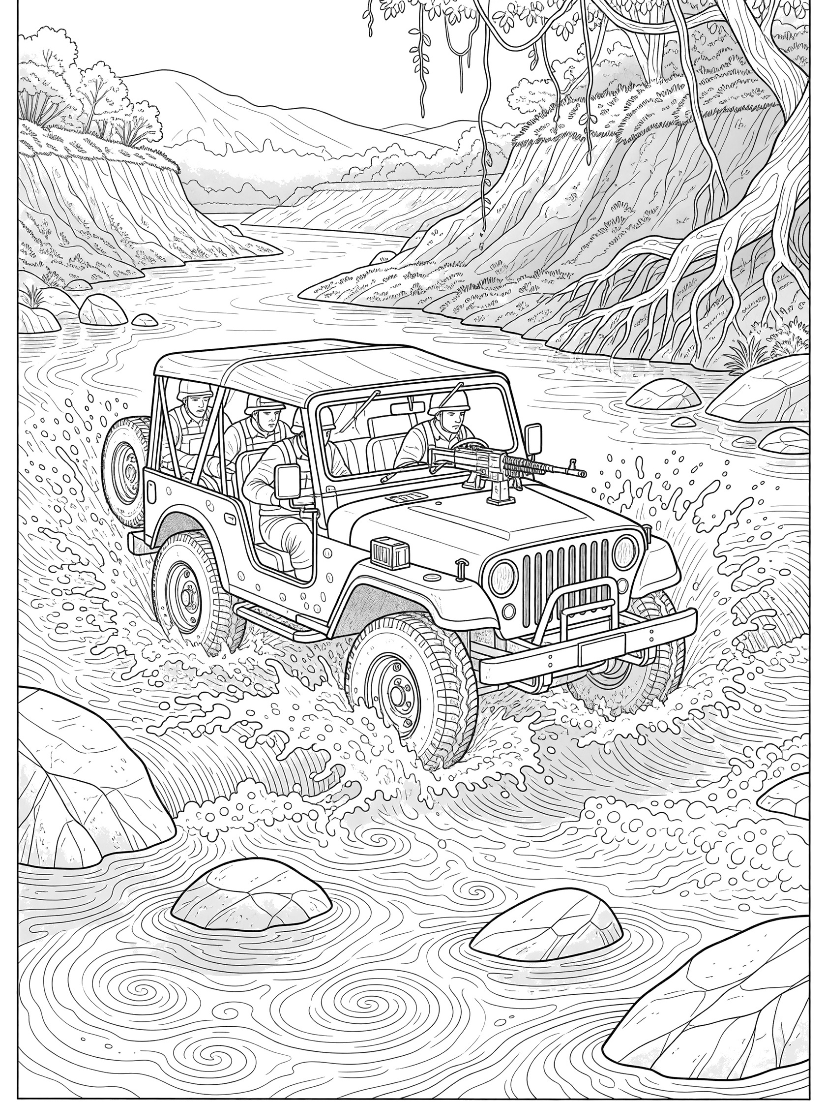 Detailed line art coloring page showing a military jeep with soldiers crossing a turbulent river, surrounded by rocks, water splashes, vines, and hills.