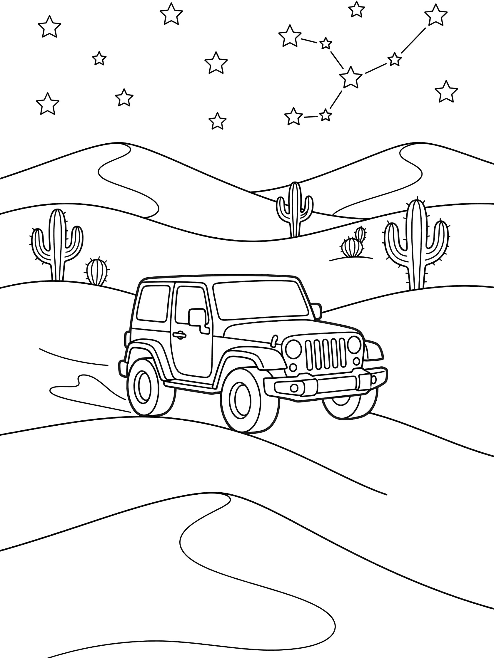 Black and white line art coloring page showing a jeep on a curved path across sand dunes, surrounded by cacti, rolling hills, and stars in the sky. Jeeps themed black and white printable line art