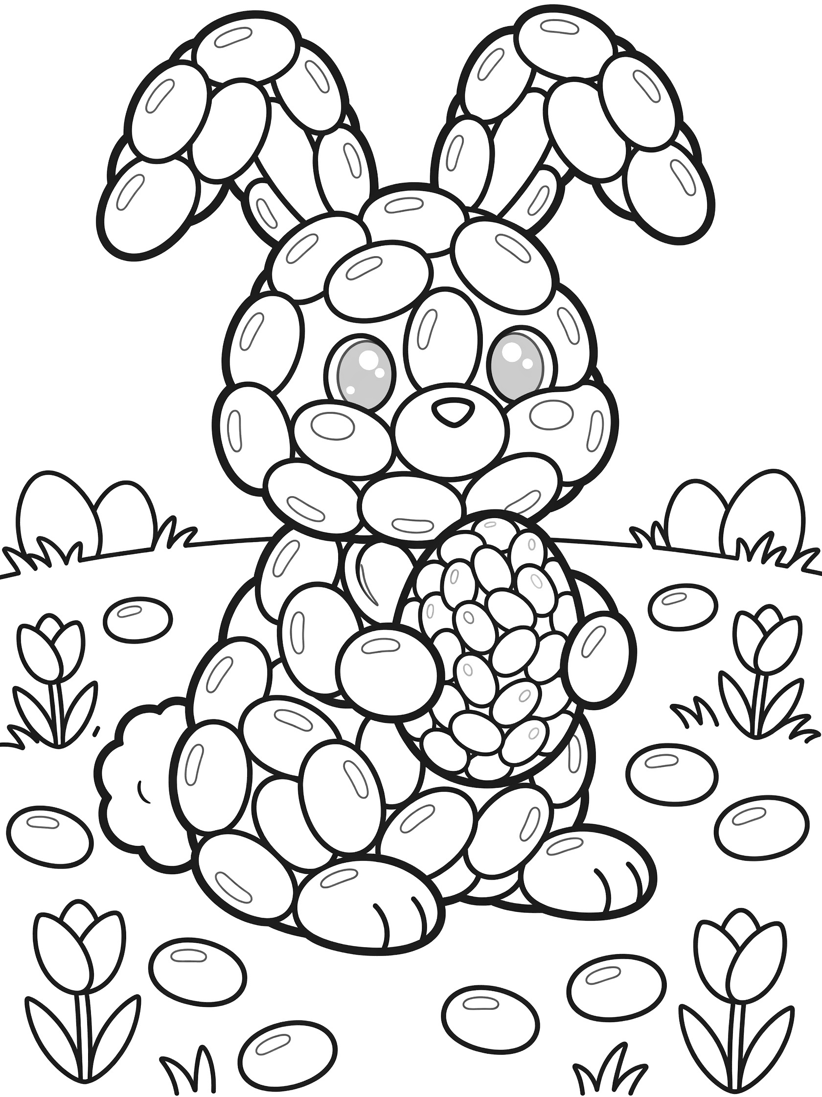 Black and white line art of a kawaii bunny shaped from round jelly beans, sitting with a big Easter egg, surrounded by tulips and jelly beans in an Easter meadow.