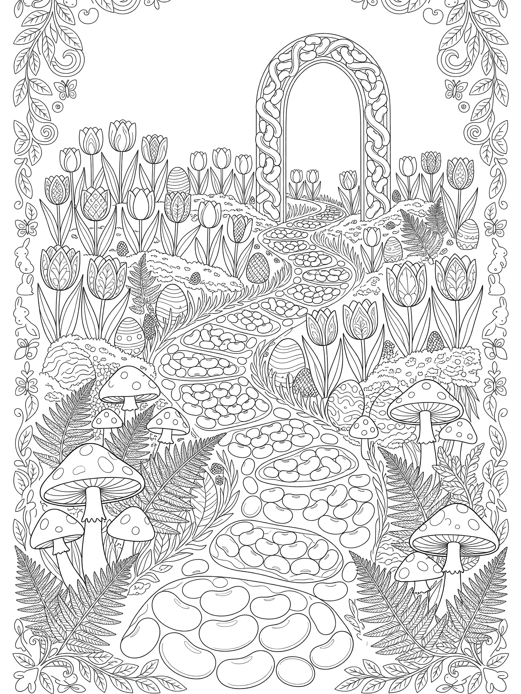Black and white coloring page of a fairy tale path paved with jelly beans curving through Easter woods with toadstools, ferns, tulips, hidden eggs, and arched gateway.