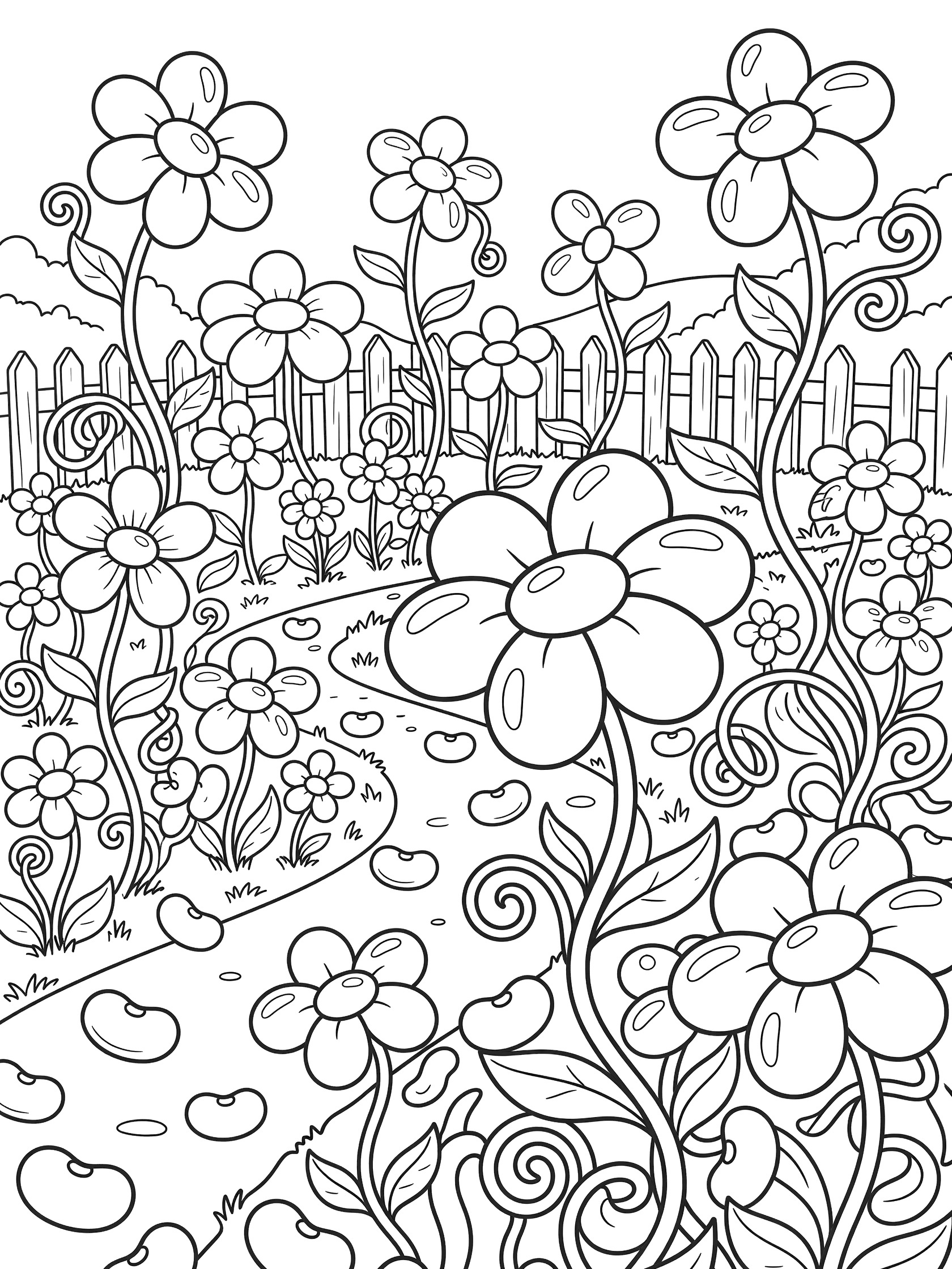 Doodle-style coloring page showing jelly beans as flower petals in a garden with green stems, vines, path, fence, and hills.