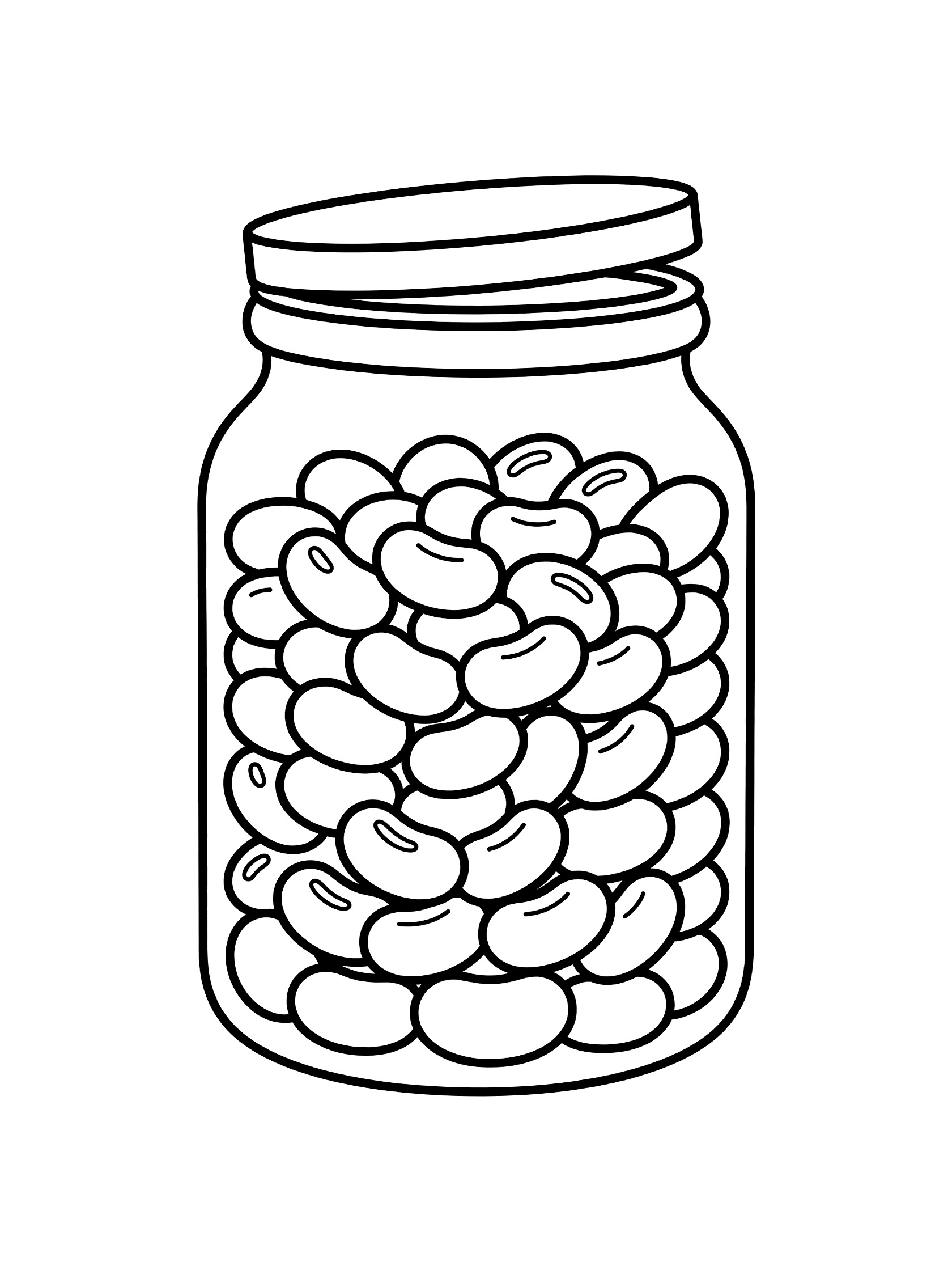 Black and white line art coloring page showing a large glass jar packed full of round jelly beans with the lid slightly open.