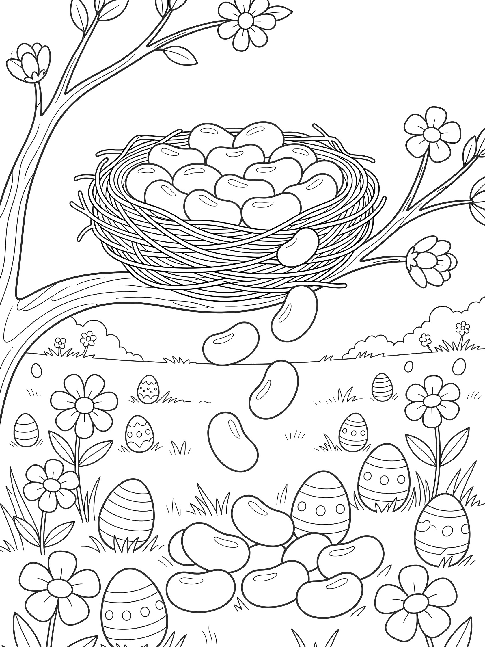Printable coloring page showing a woven bird nest overflowing with jelly beans spilling onto Easter eggs and flowers in a meadow