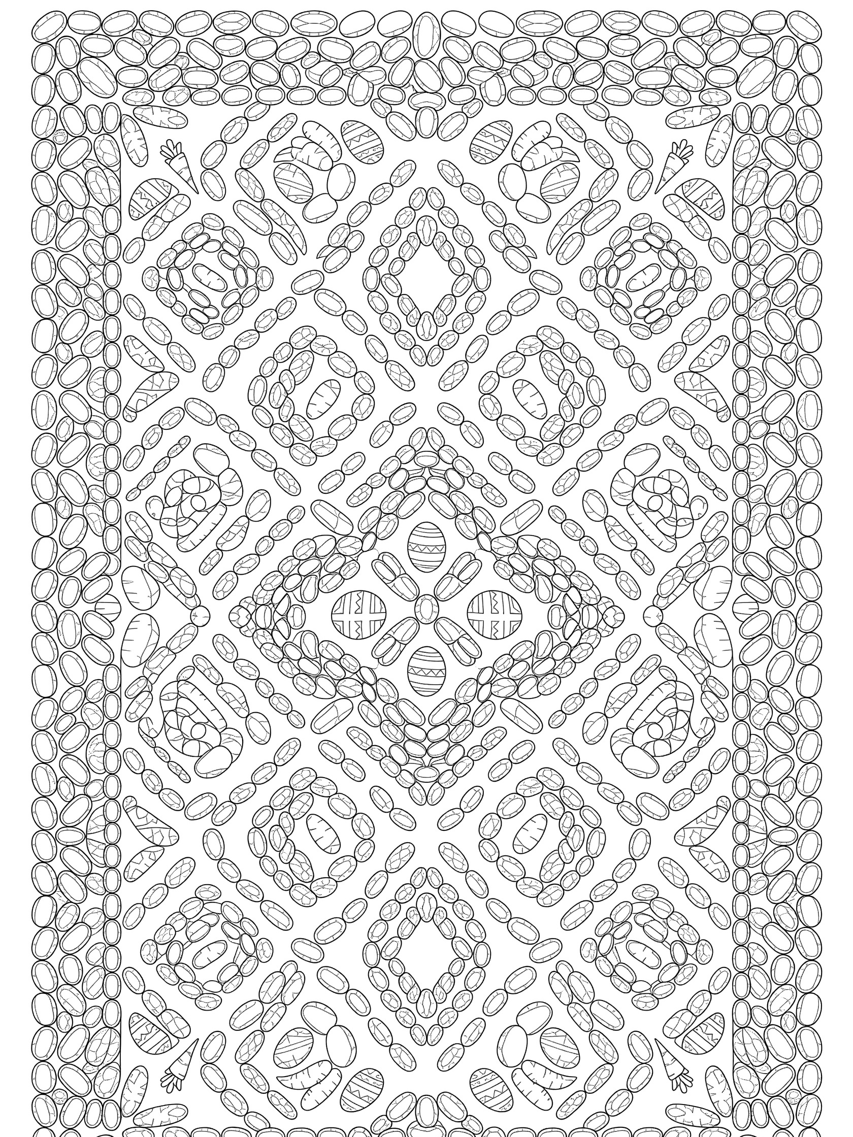 Detailed line art coloring page of jelly beans border pattern with ovals, diamonds, Easter eggs and carrot shapes in intricate weaves