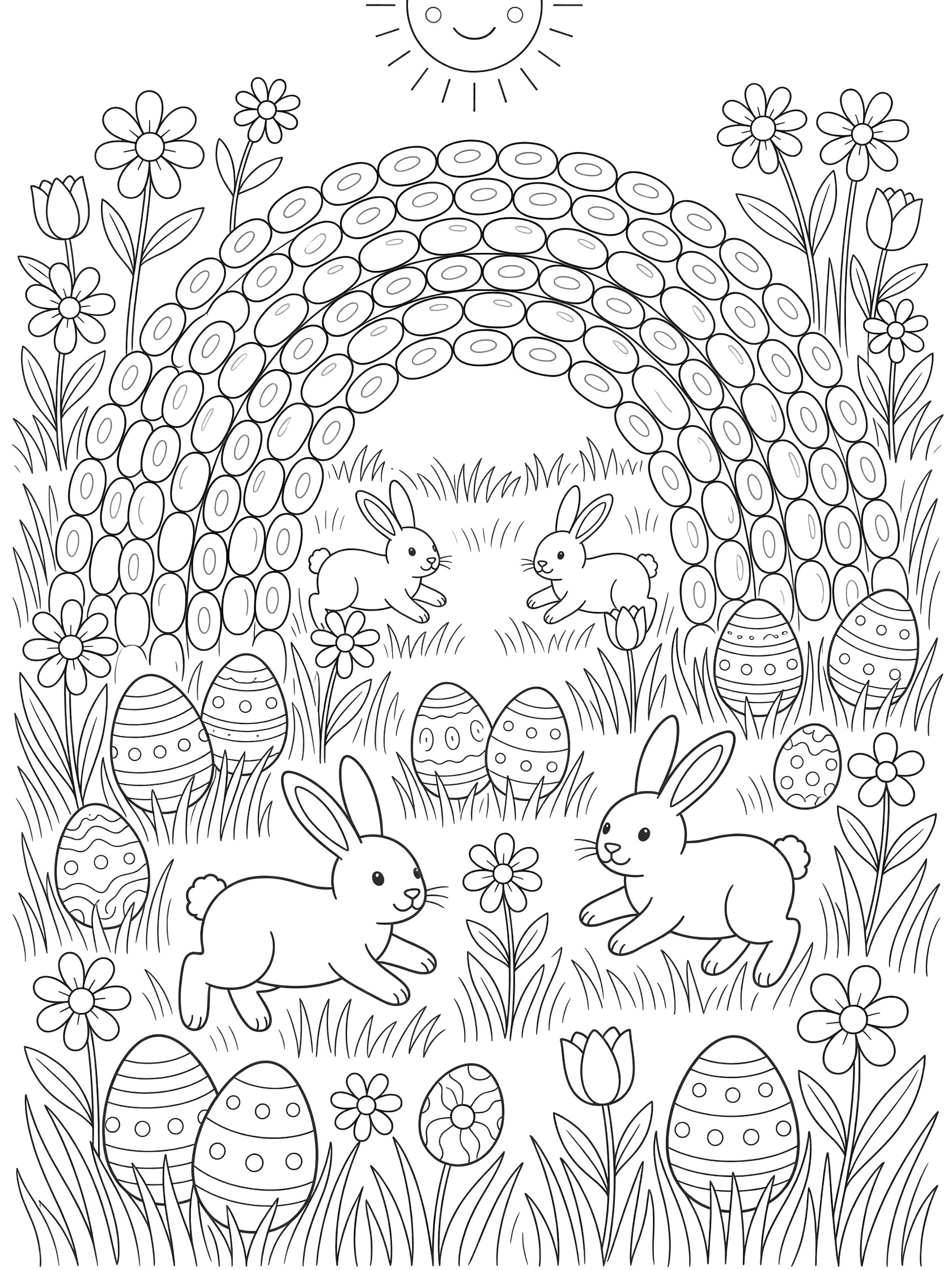 Black and white line art coloring page showing a rainbow formed by round jelly beans arching over playful bunnies hopping among Easter eggs and spring flowers in a sunny meadow.
