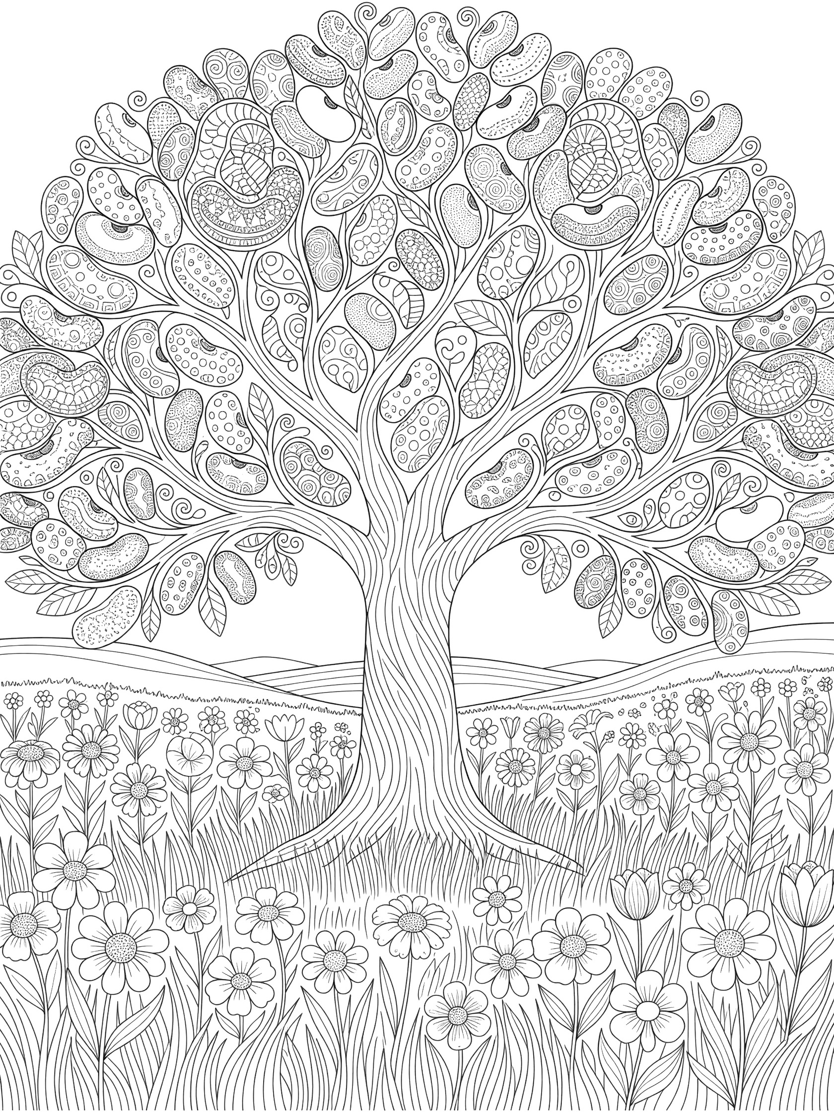 Symmetrical black and white line art coloring page of a grand spring tree with twisting branches covered in detailed jelly bean clusters like blooming flowers, surrounded by grass, wildflowers, and hills.