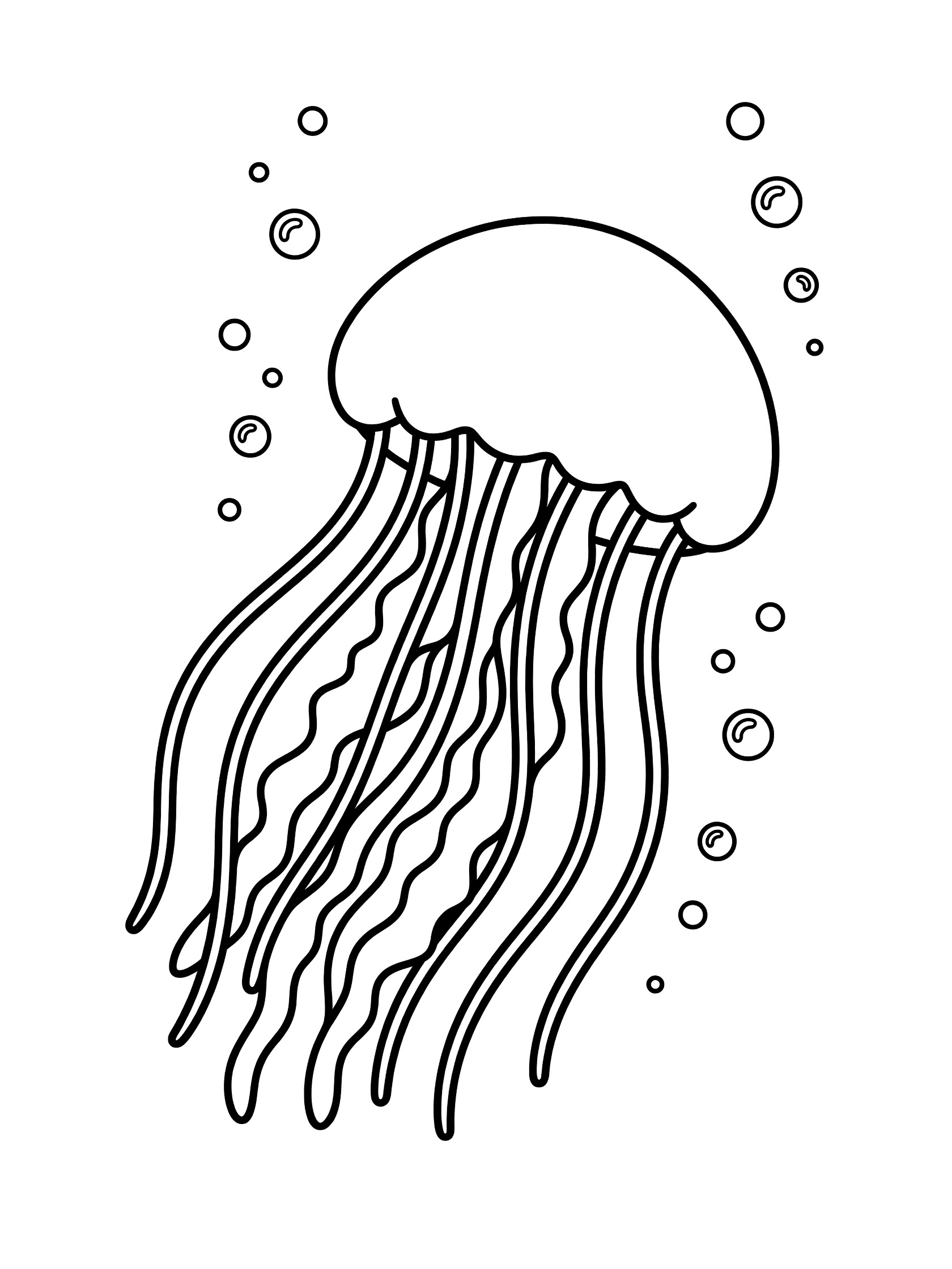 Black and white line art of a jellyfish with round bell, wavy trailing tentacles, and tiny bubbles floating around it.