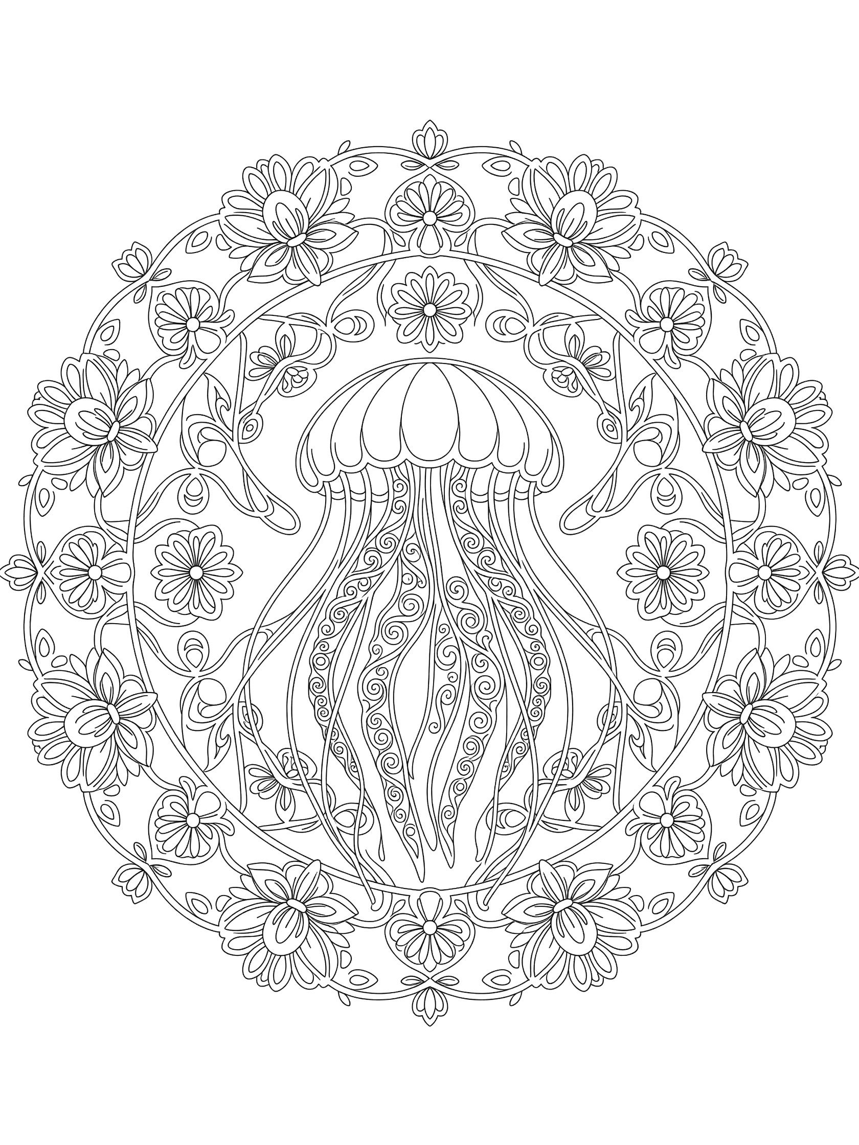 Black and white line art of a central jellyfish in a round mandala design with detailed tentacles, flowers, and vines, fully enclosed regions on white background.