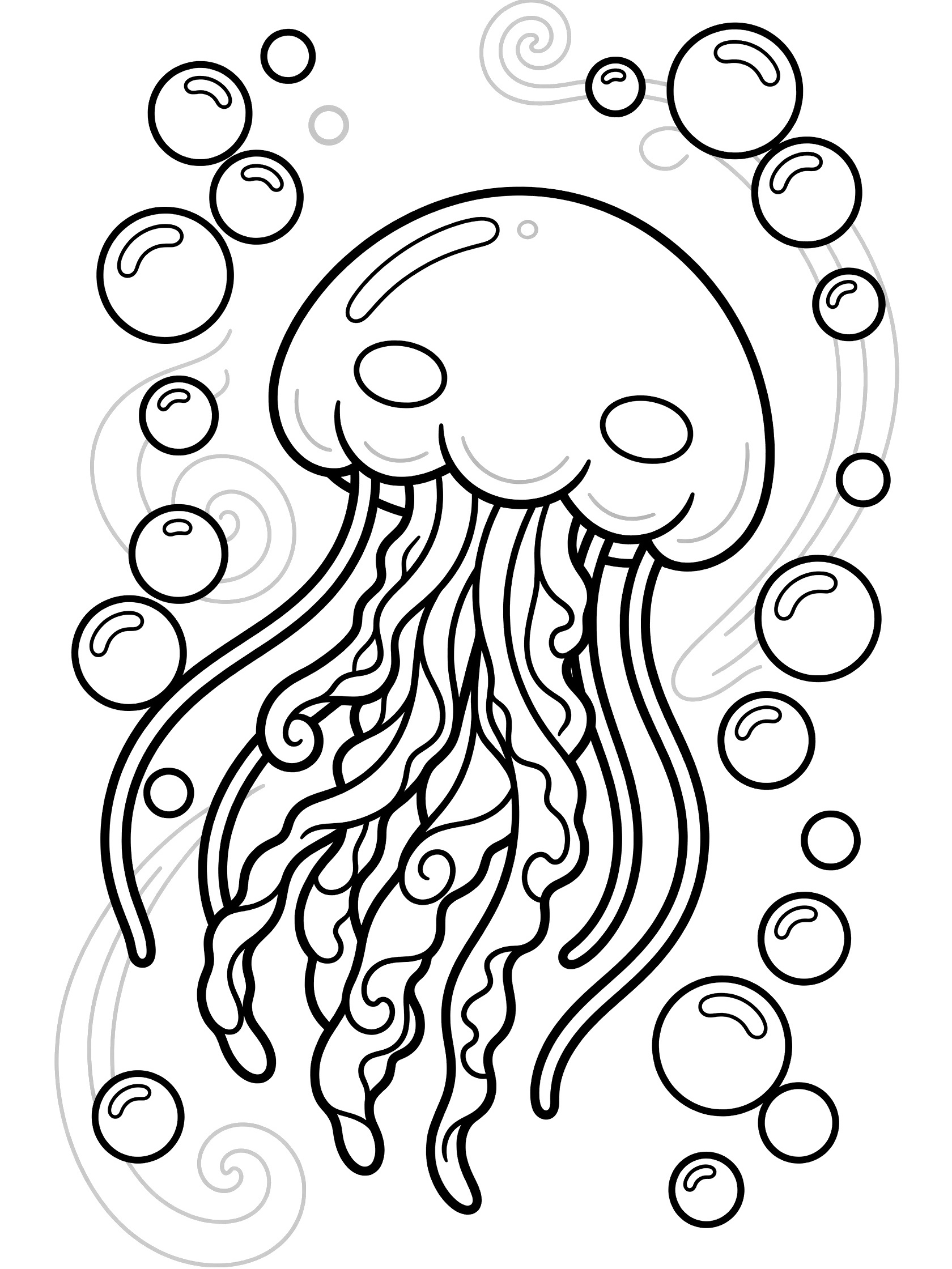 Black and white line art coloring page showing a jellyfish with puffy cheeks, big eyes, curly tentacles, surrounded by clusters of bubbles and swirly water lines.