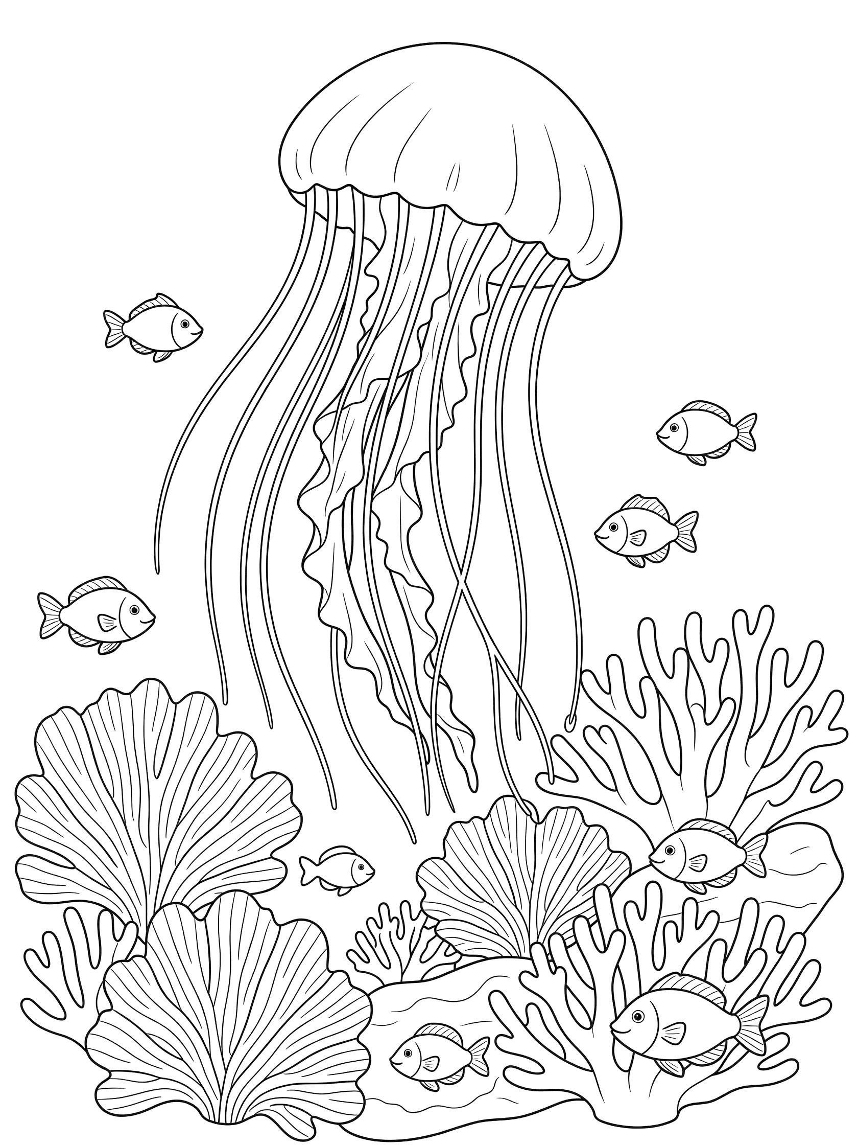 Black and white line art coloring page showing a large jellyfish with swaying tentacles above fan-shaped corals and small fish swimming around