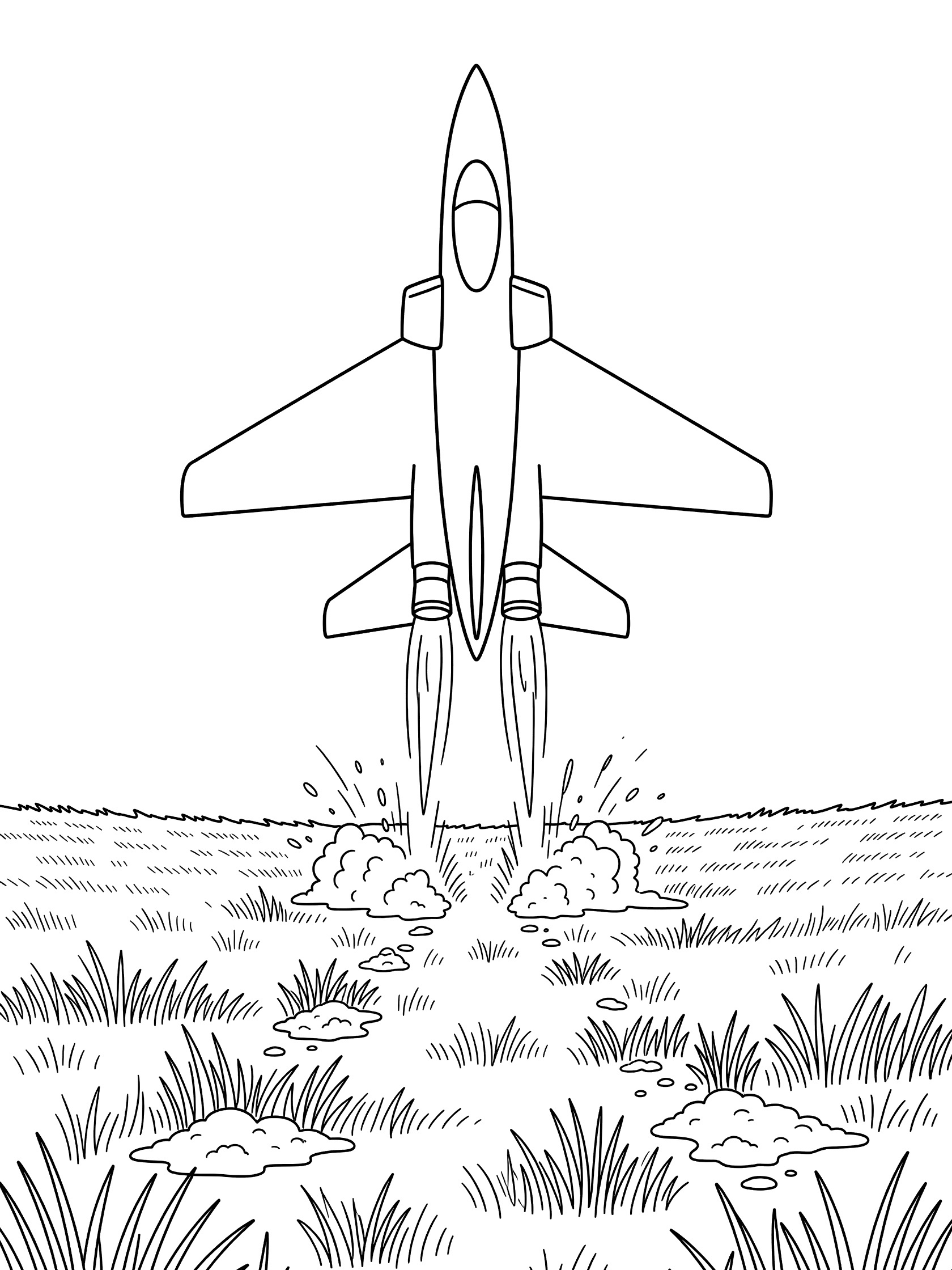 Black and white line art coloring page showing a jet plane hovering straight up from grass with downward engine blasts kicking up dirt and grass blades. Harrier Jet themed black and white printable line art