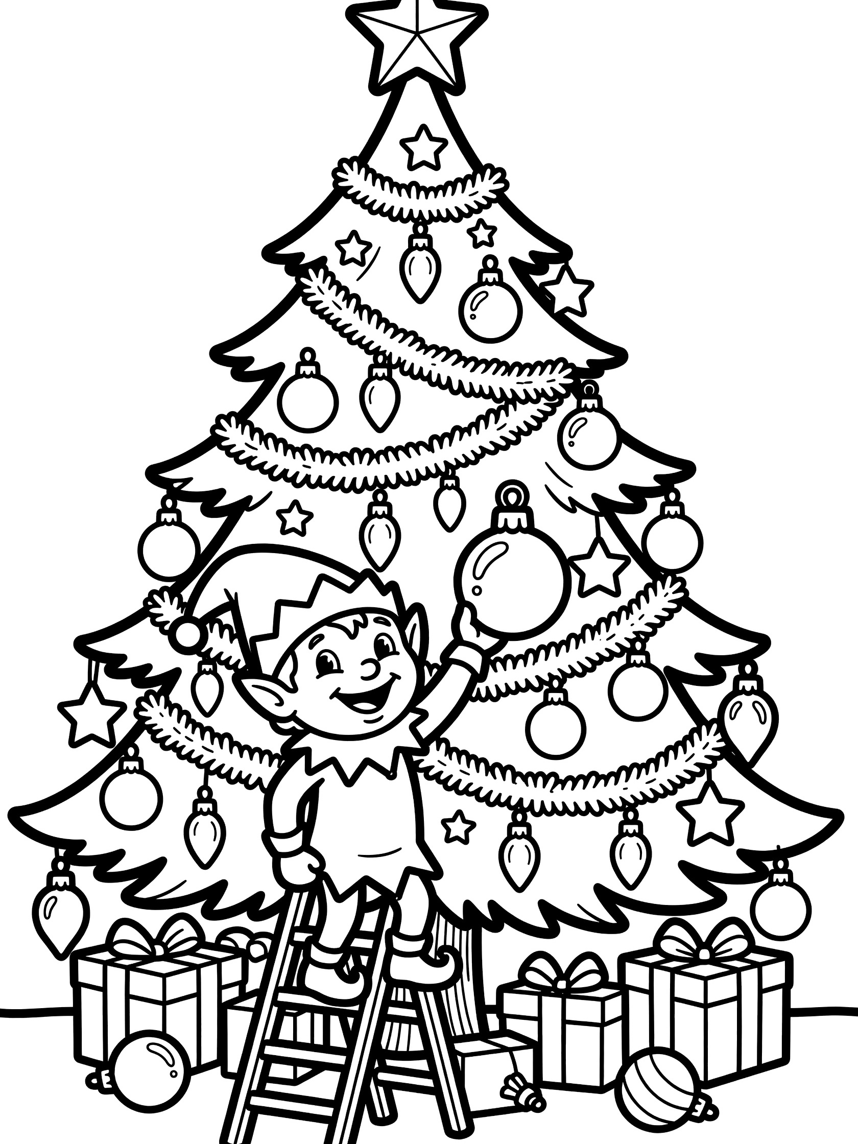 Black and white coloring page showing a smiling elf with pointy hat and curly shoes hanging a shiny ornament on a big Christmas tree with scattered gift boxes below.