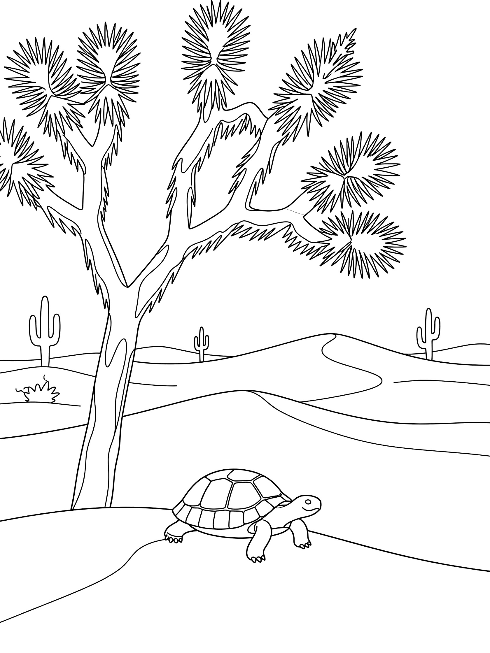 Black and white line art of a Joshua tree beside a gentle desert tortoise on sandy dunes with distant cacti in a vast desert landscape