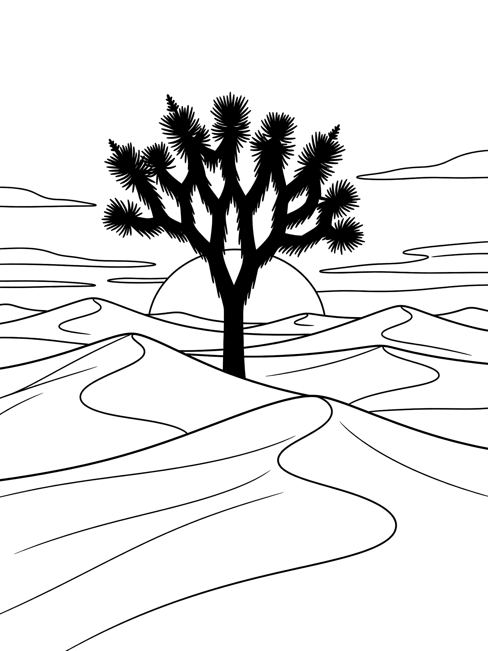 Black and white line art of Joshua tree in silhouette at desert sunset with sand dunes, printable coloring page