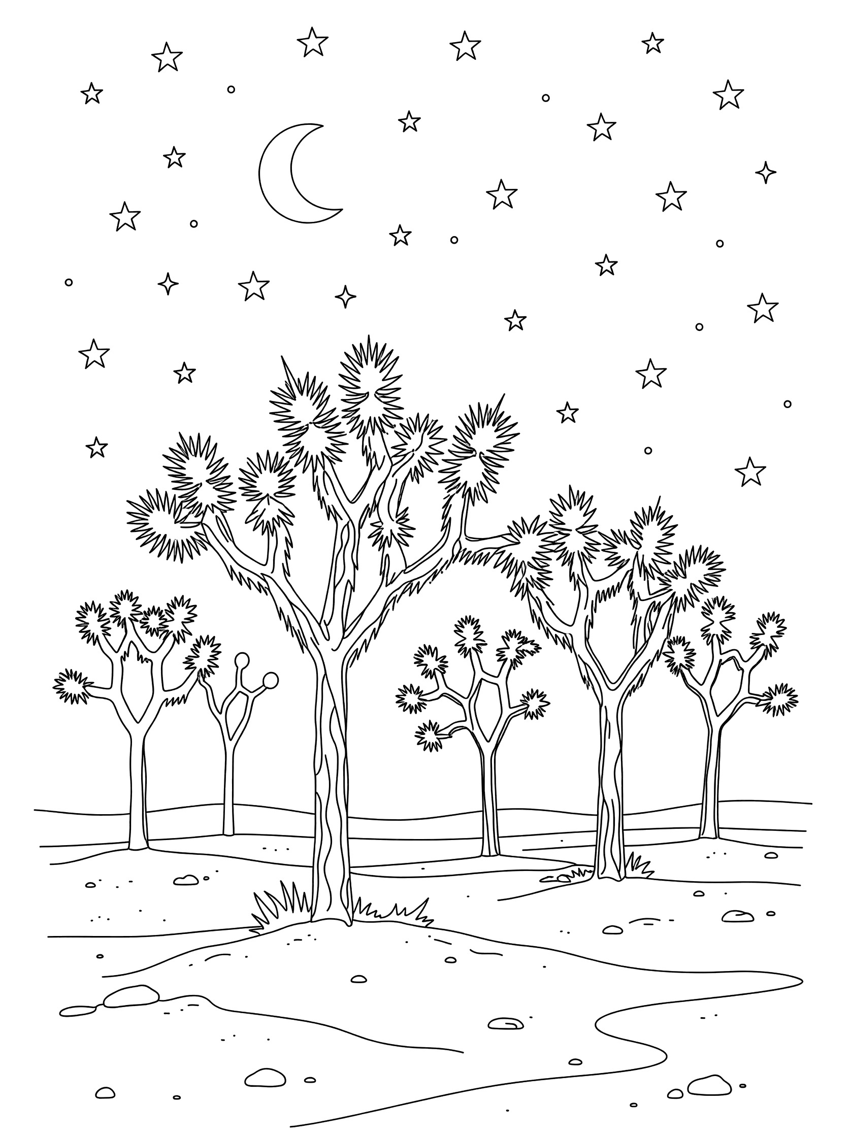 Black and white line art coloring page showing a cluster of Joshua trees with twisted branches under a starry desert night sky and crescent moon on sandy ground.