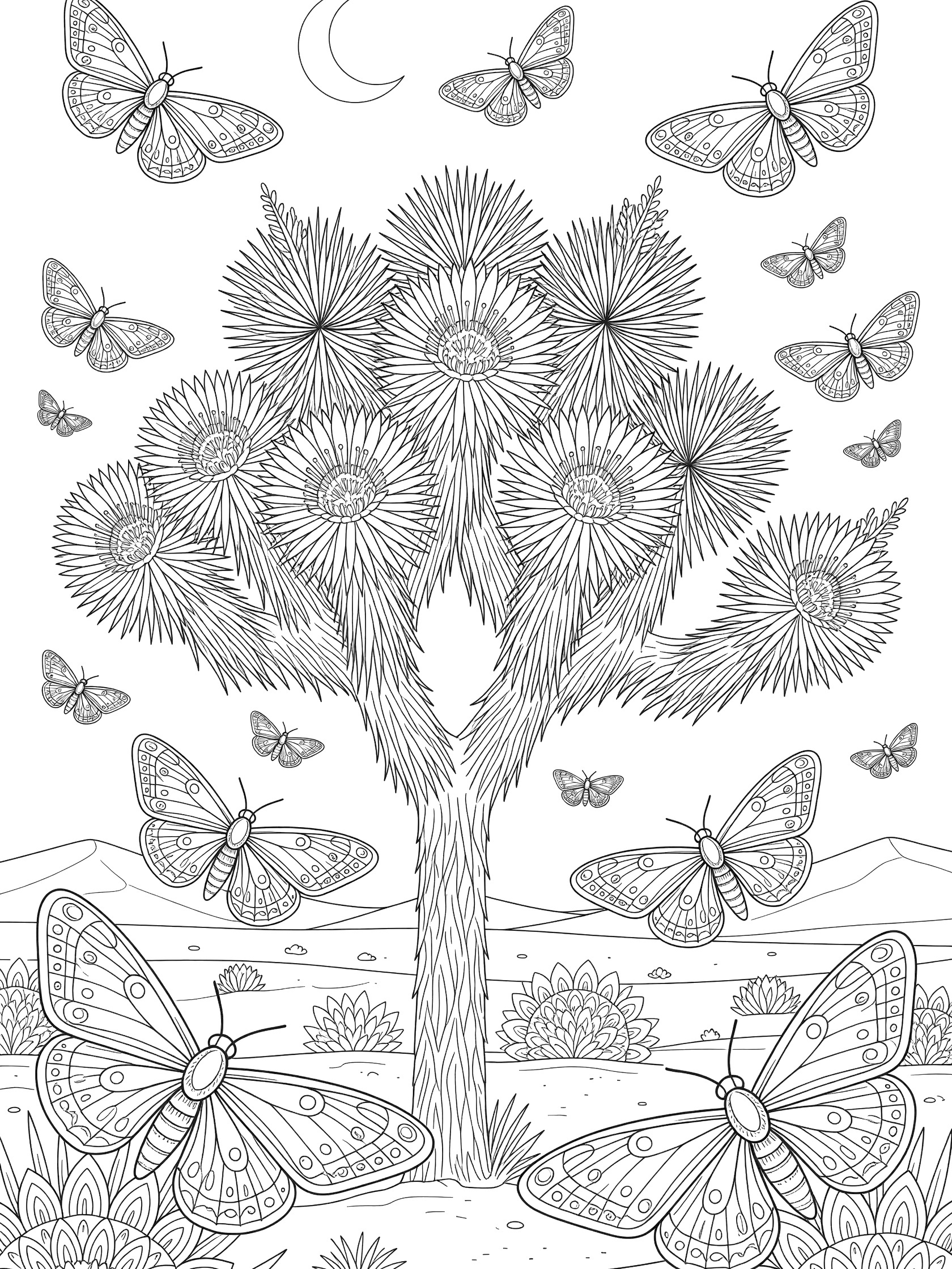 Black and white line art of Joshua tree flowers with yucca moths fluttering in a moonlit desert, symmetrical wings and blooms.