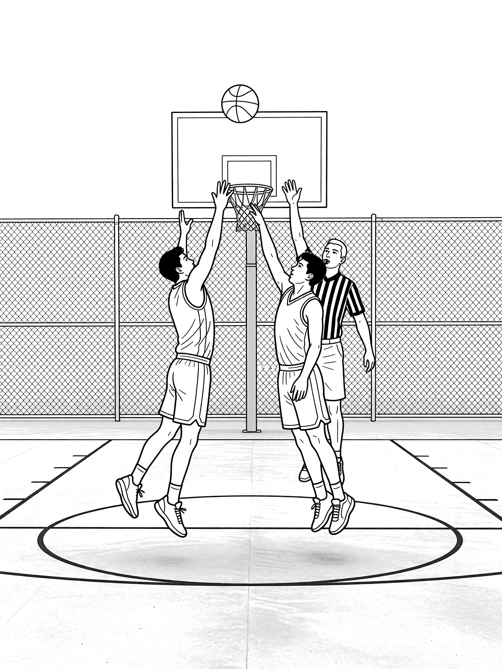 Black and white line art of basketball jump ball with two players jumping, referee releasing ball, hoop, chain-link fence, and outdoor court